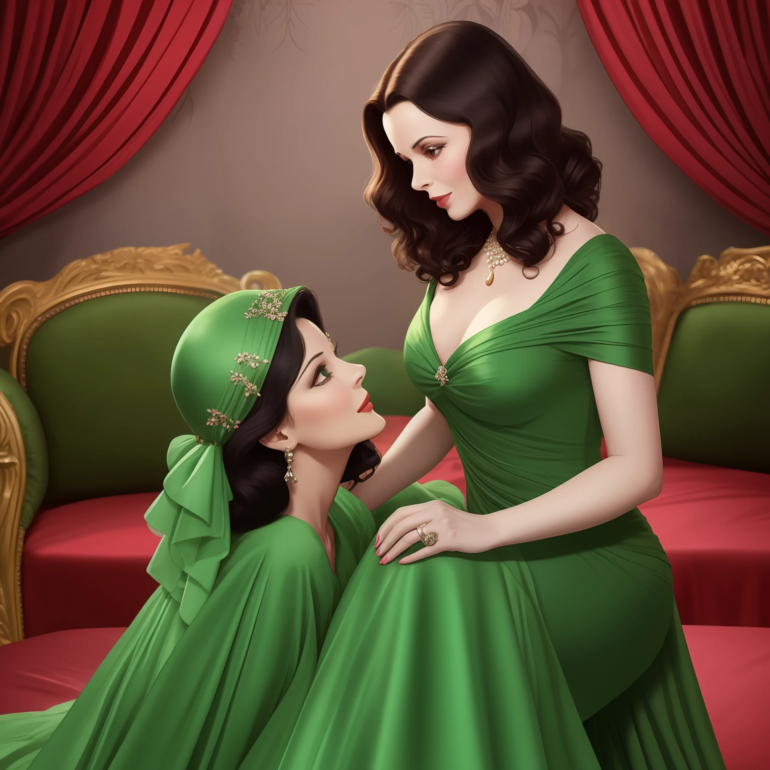 Hedy Lamarr and Vivien Leigh look alike. Both are wearing green and red party dresses. Hedy Lamarr and Vivien Leigh face each other in an elegant ballroom. Soft and diffuse lighting. Romantic and dreamy atmosphere.