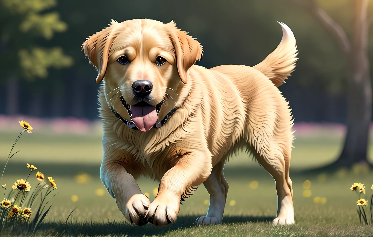 1 Golden Retriever Dog, young, champagne dog, full body champagne dog hair, dog eyes, running, during the day, running on the grassland full of flowers, filled with beautiful flowers, long hair, beautiful detailed eyes, extremely detailed eyes and face, light on face, cute, best quality, masterpiece, illustration, an extremely delicate and beautiful, extremely detailed ,CG ,unity ,8k wallpaper, Amazing, finely detail, masterpiece, best quality, official art, extremely detailed CG unity 8k wallpaper, ultra-detailed, highres, extremely detailed, (best quality), (realistic, photo-realistic:1.2), 8k, soft lighting, high quality, official art, extremely detailed CG unity 8k wallpaper, cinematic lighting.
