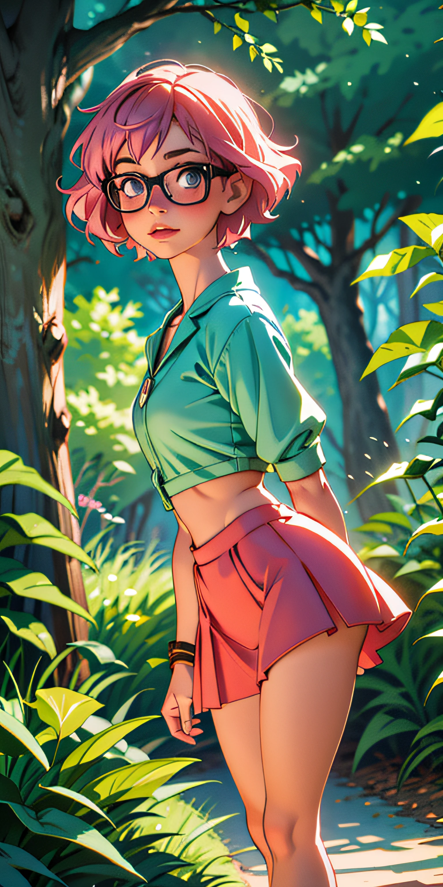 (melhor qualidade, obra-prima), 1girl, pose de pata, sorriso, rindo, floresta, crop top, saia, elfa, ruiva, sardas, blush, seios grandes, olhando para o espectador, cabelo ondulado, sol