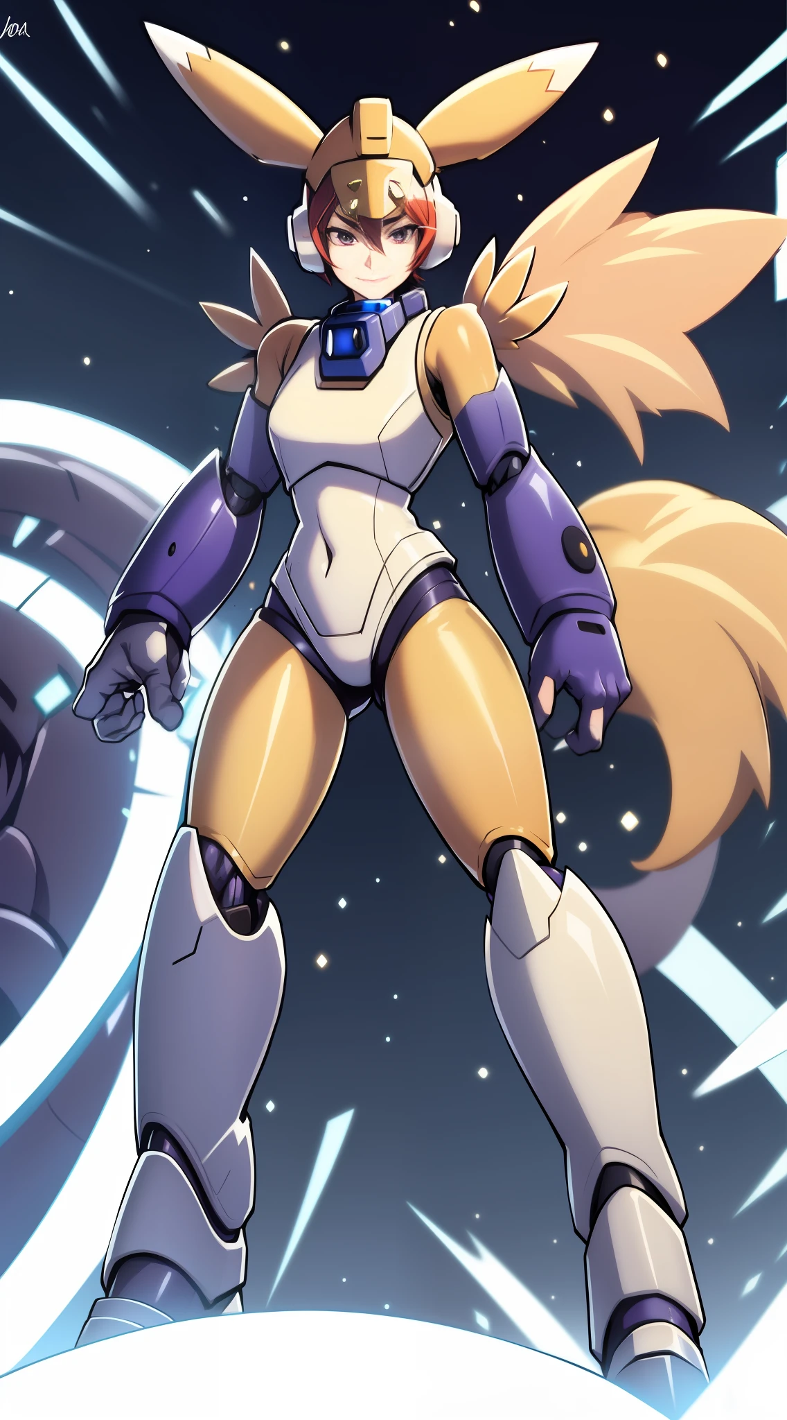 Renamon-theme purple megaman armor, heavy cybernetic purple gloves with white fingers, heavy cybernetic purple arm sleeves