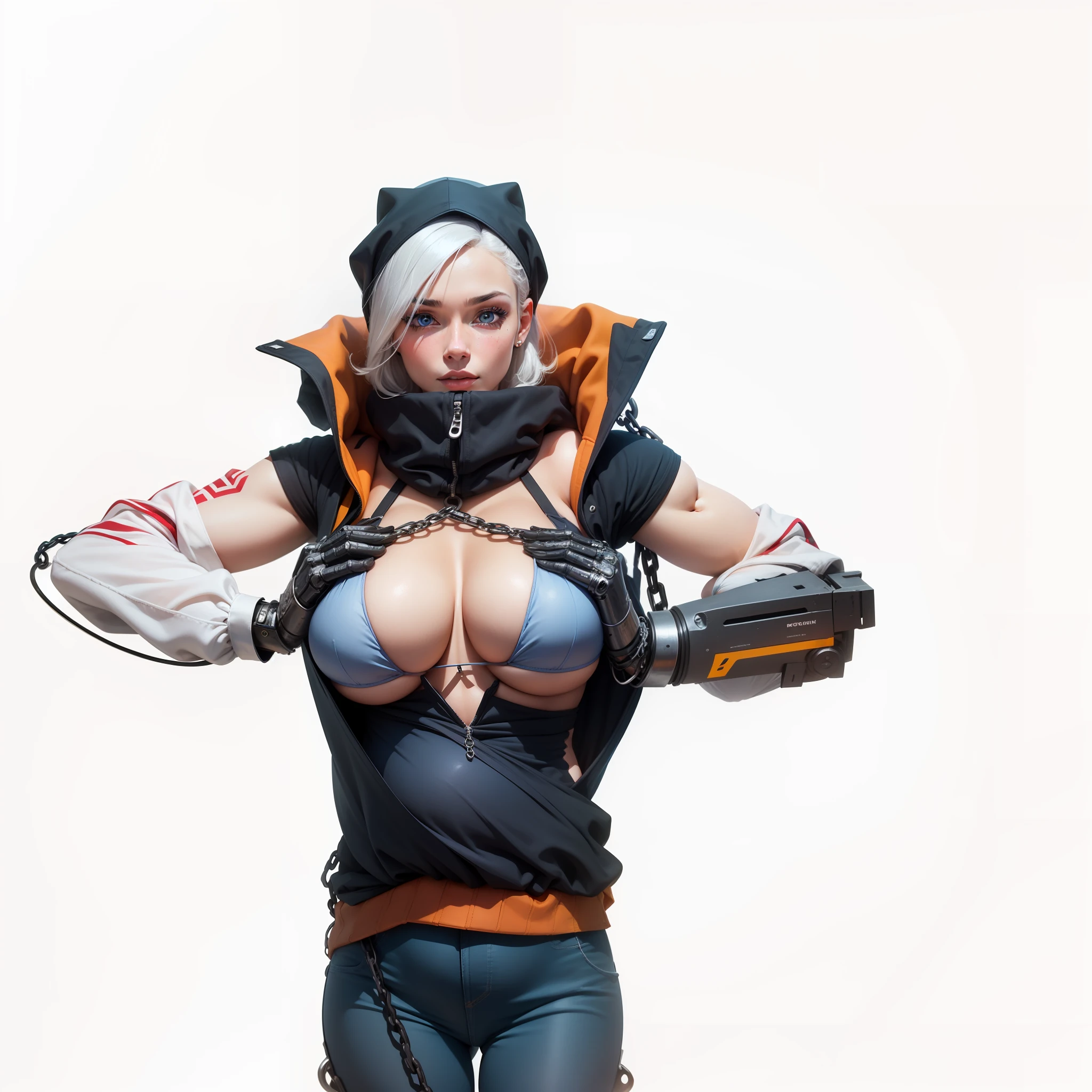 1 woman, realistic, white hair, blue eyes, with chain in boddy, detailed skin, detailed face, big breasts, hold breast, bikini transparn and showing, pregnant, no pants, detailed hand, highligt image, perfect, robotic, muscle,