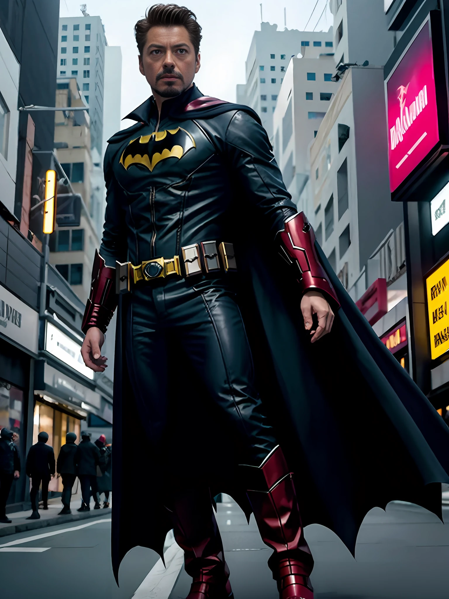 Tony stark,  com cosplay do Batman,  rosto bem detalhado,  corpo inteiro,  realista, cidade cyberpunk,  neon , cores vivas, choque,
