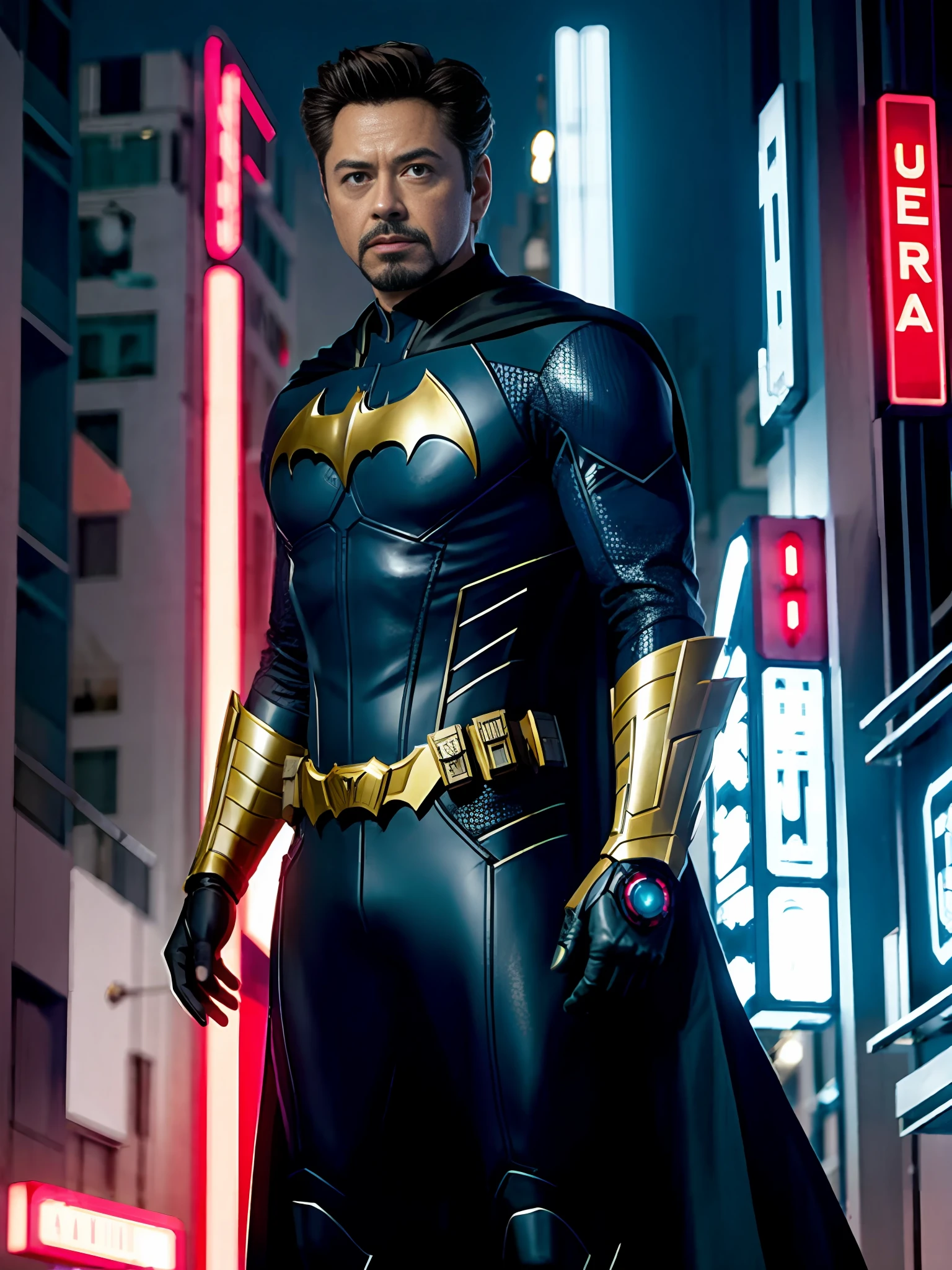 Tony stark, com cosplay do Batman, rosto bem detalhado, corpo inteiro, realista, cidade cyberpunk, neon , cores vivas, choque,