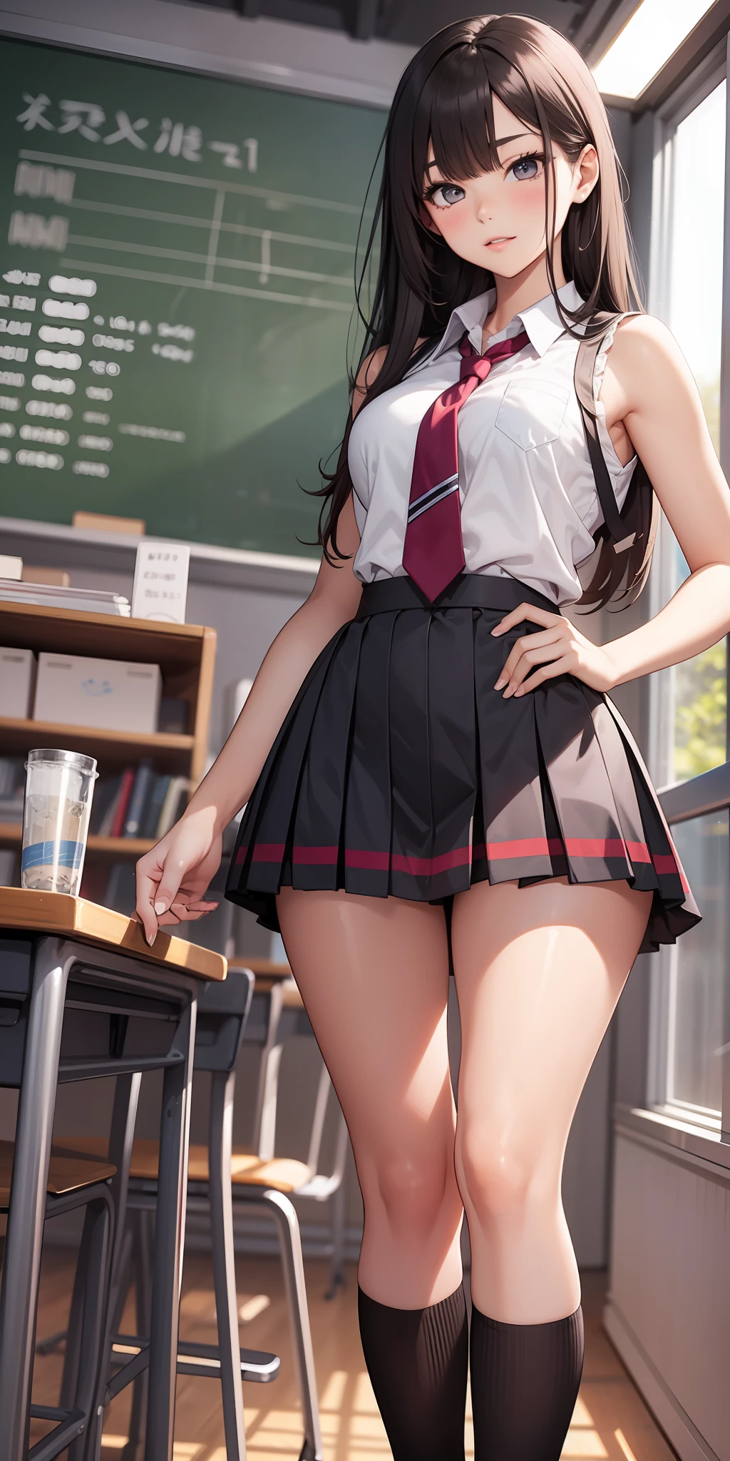 Sexy school student in a sexy sleeveless school uniform.