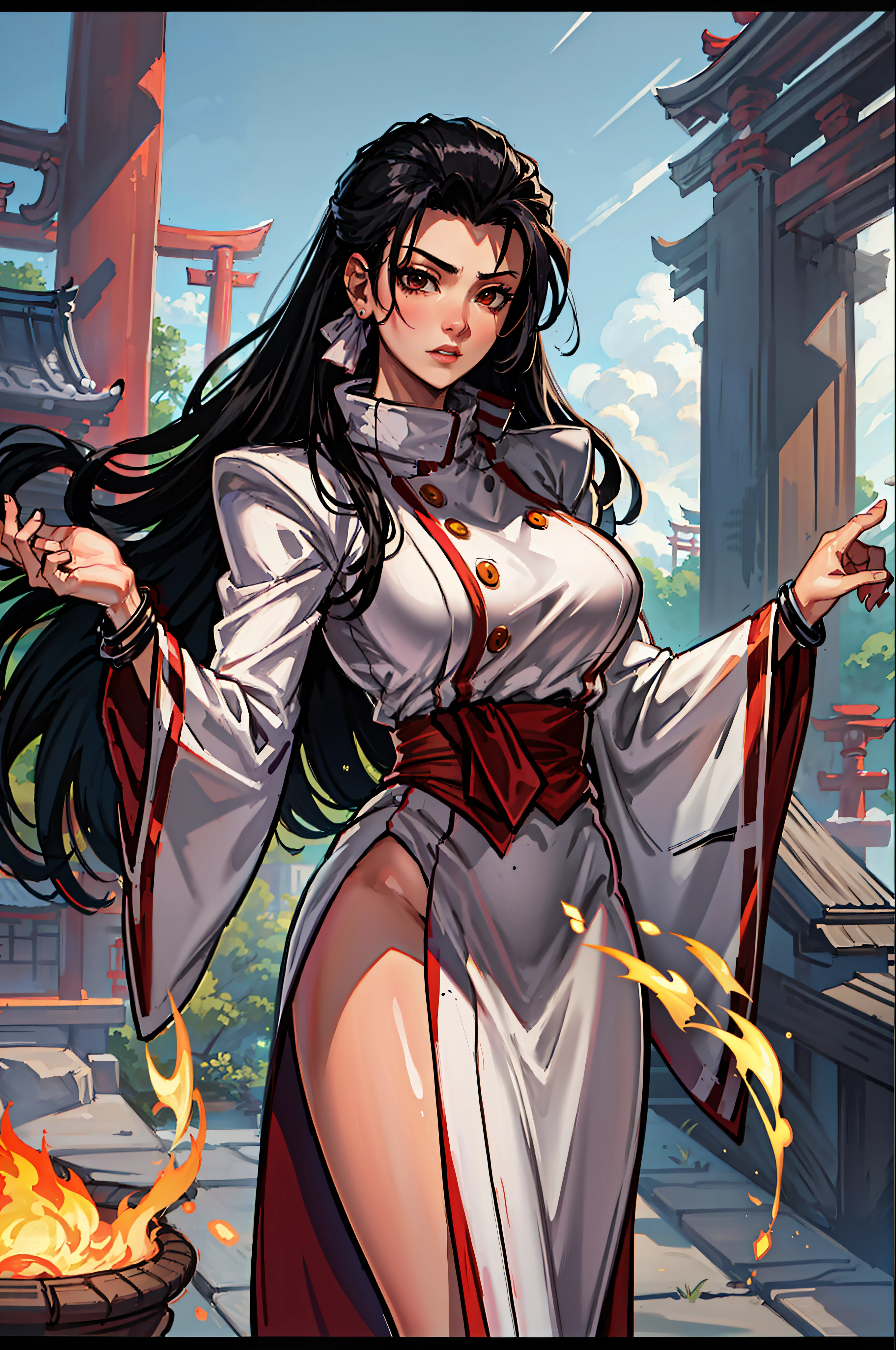 (masterpiece:1.2, best quality), (dinamic lighting) 1lady, solo, long hair, big breasts, hakama, red skirt, (shiny skin:1.2), upper body, torii, temple