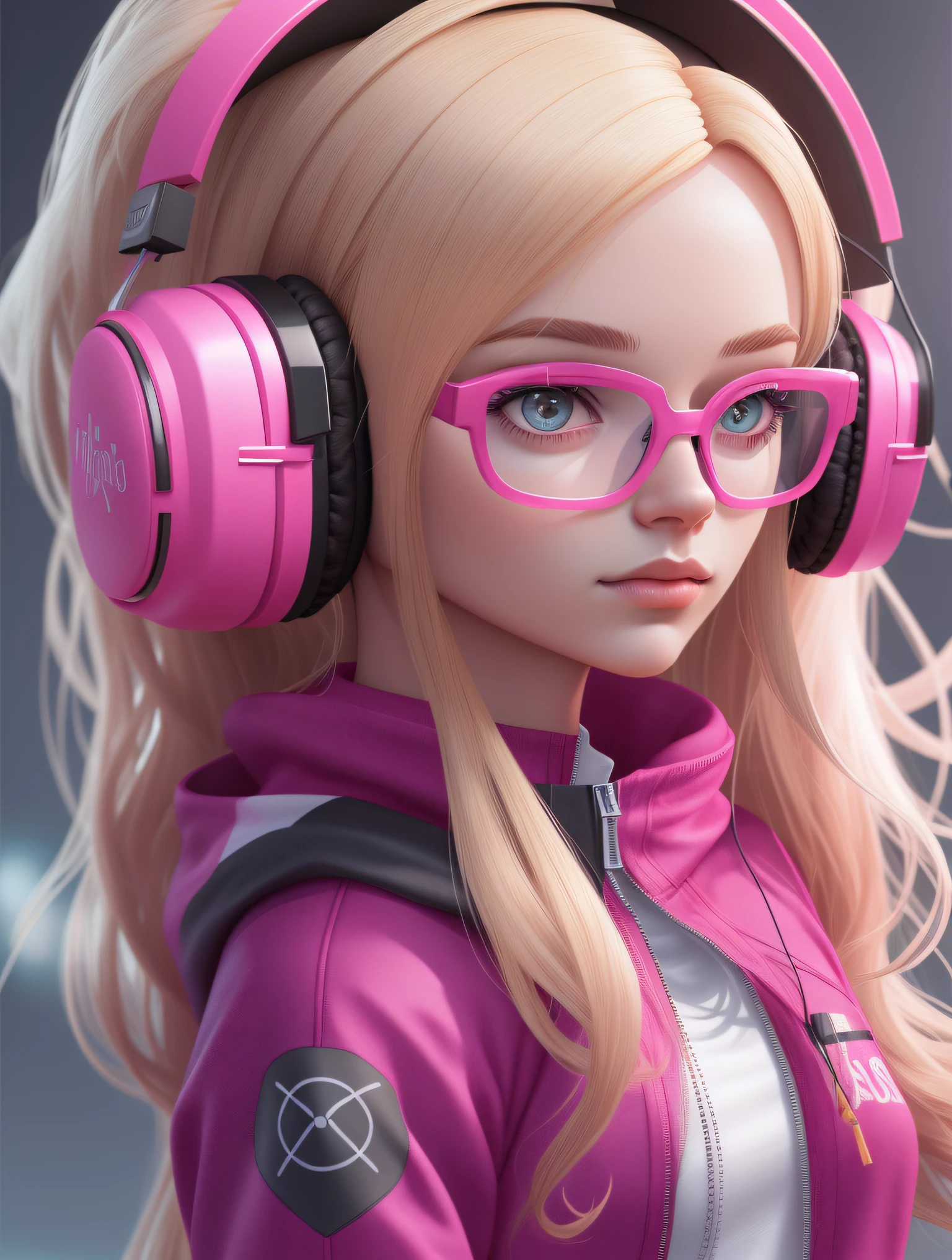 girl with stunning 3D resolution 12K character in [Rites of Spring] style, pink top, headphones, big dark glasses, long blond hair, chibi in detailed (full body), highly detailed, bright, ultra high quality, Hyperrealism, Photorealism, [octane render].