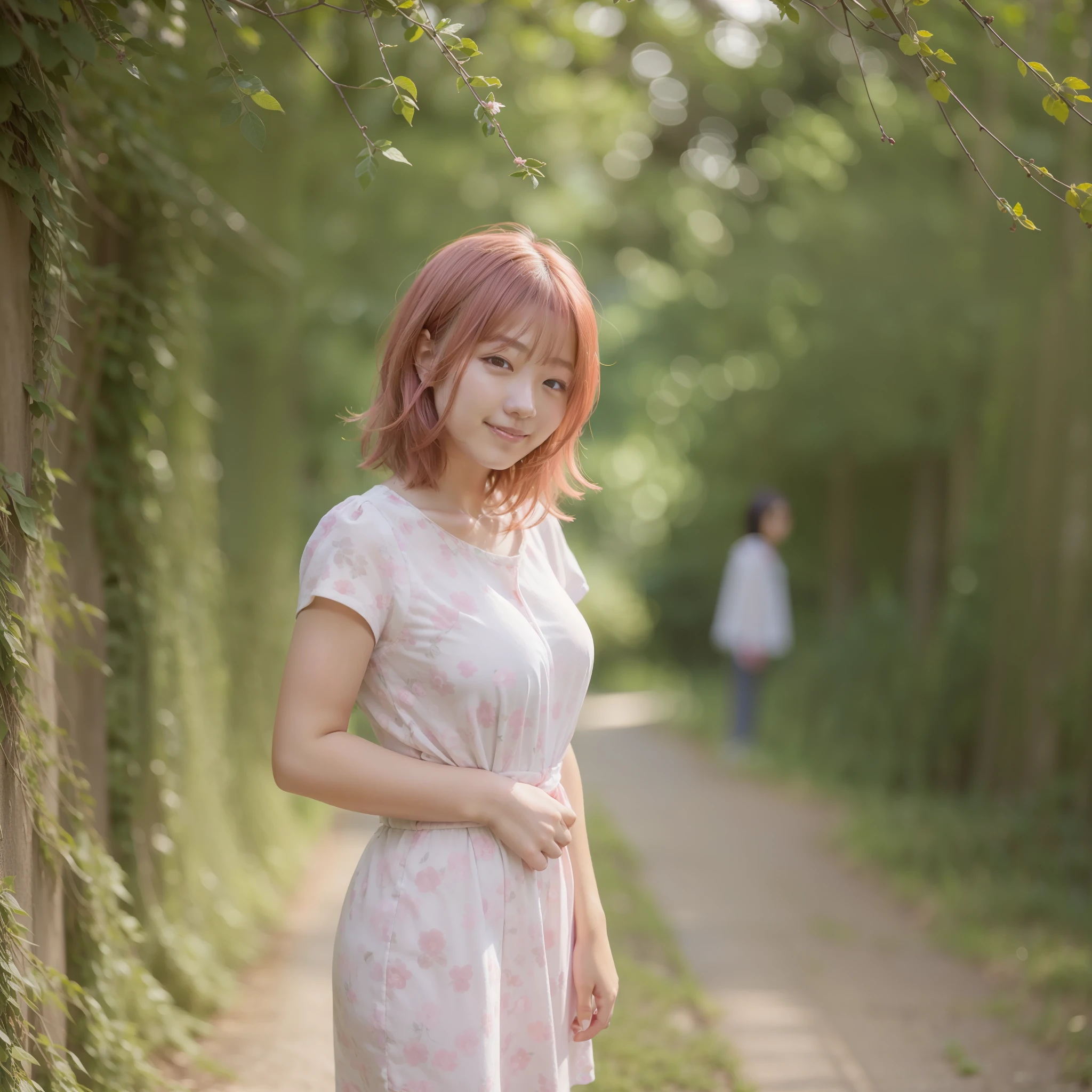 a 30 yo woman, Cute, Pink hair, realisitic、Illuminated by the morning sun、Sleepy face、a smile