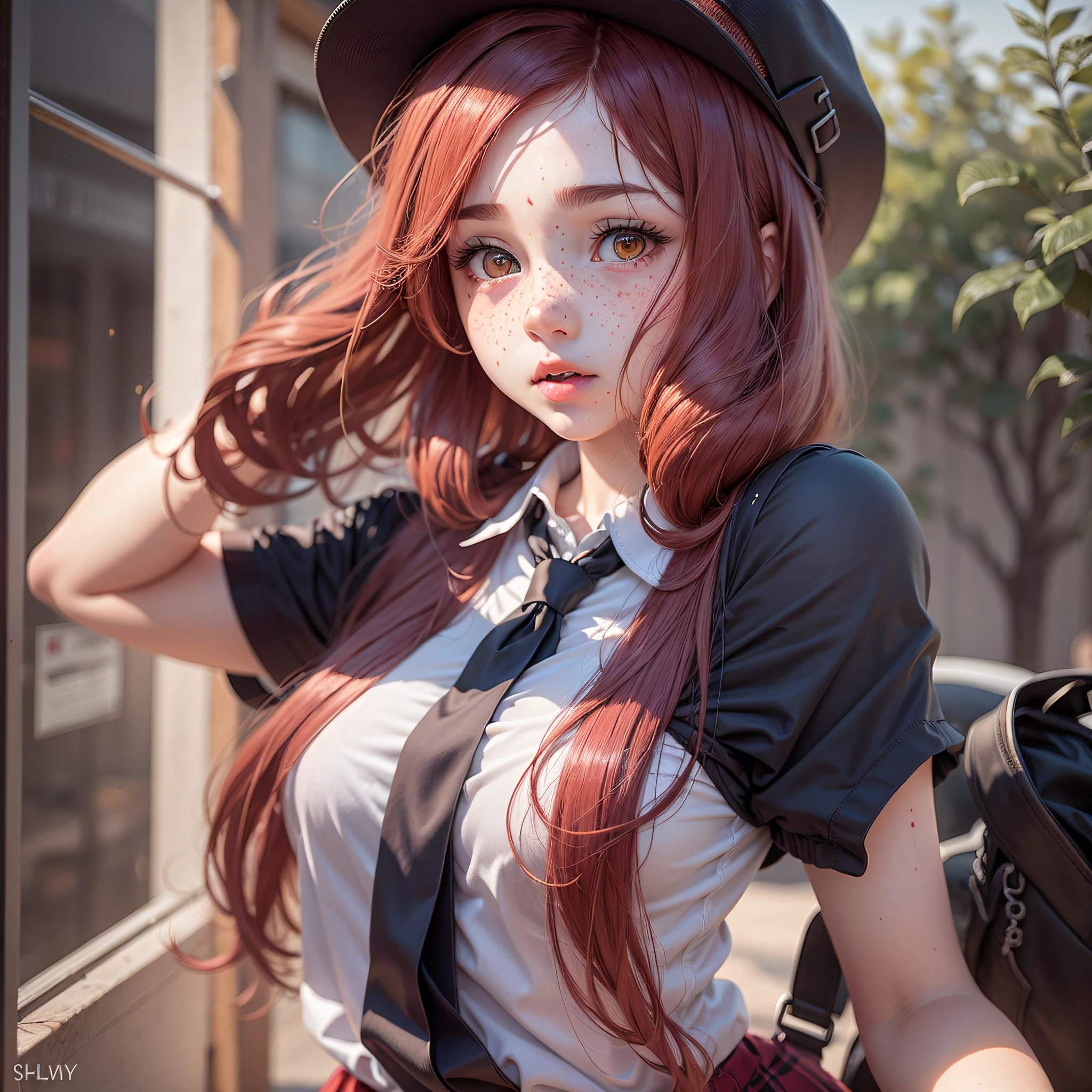 shy girl dressed as a schoolgirl hatless on her first day of school, white shirt, , embarrassed, (red cheeks:1.5), slim, long red hair, freckles, not gross, hd, european features, shame,