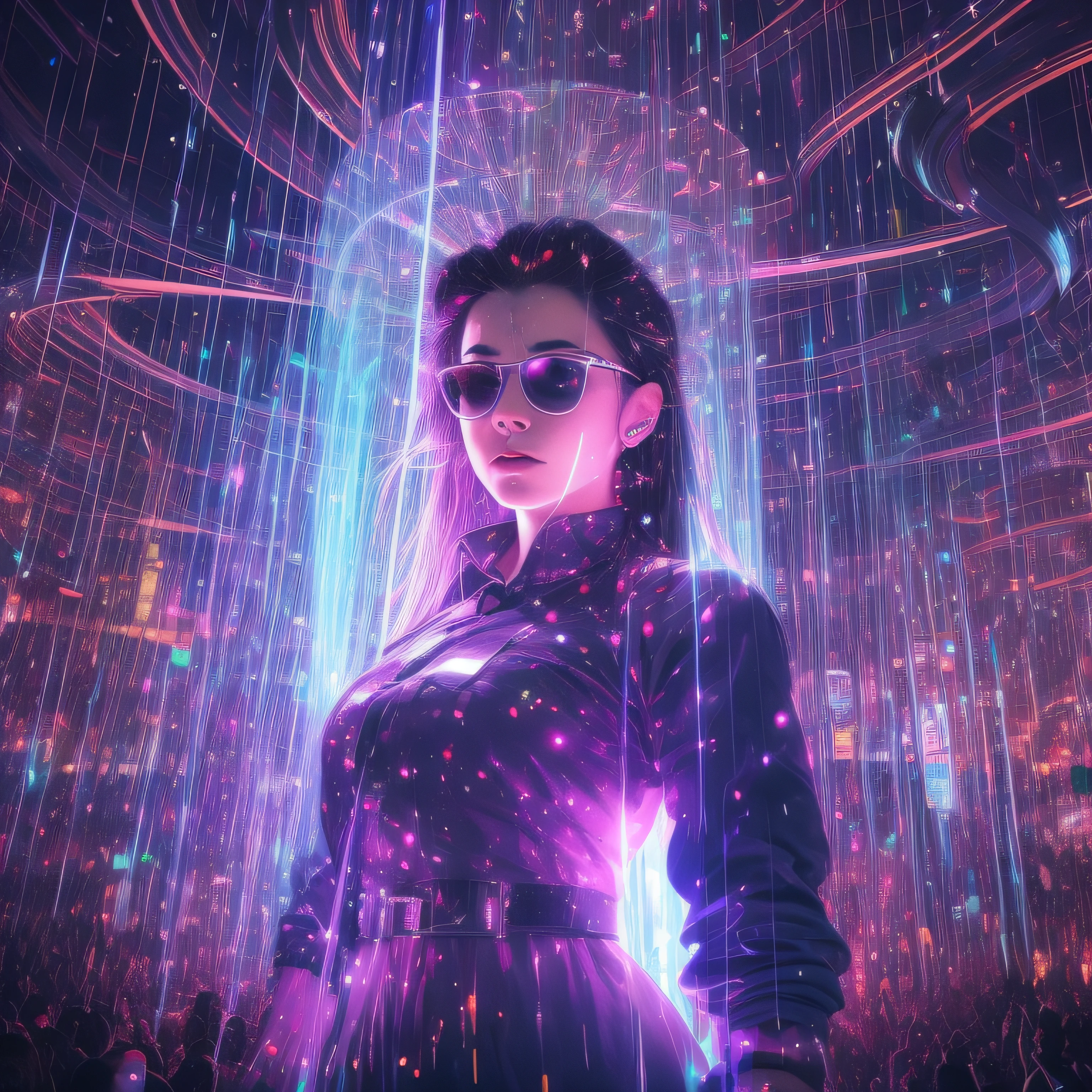 Garota. Futurista. Electronic music. Metropolis. Luzes. Neon. Hologramas. Traje. Cintilante. Maquiagem. Brilhante. crowd. Batidas. Pulsantes. Atmosfera. Energetics. Animada. Clube. Noturno. technological. Panels. LED. Imagens. spectacle. Visual. Hipnotizante. dance floor. Iluminada. Brilho. Intenso. Movimento. Rhythm. dance. Fluida. Energia. Vibe. DJ. Mistura. Sons. Samples. Strobe lights. Preenchem. dance floor. Flashes. Cores. Vibrantes. Ritmo acelerado. Perda.