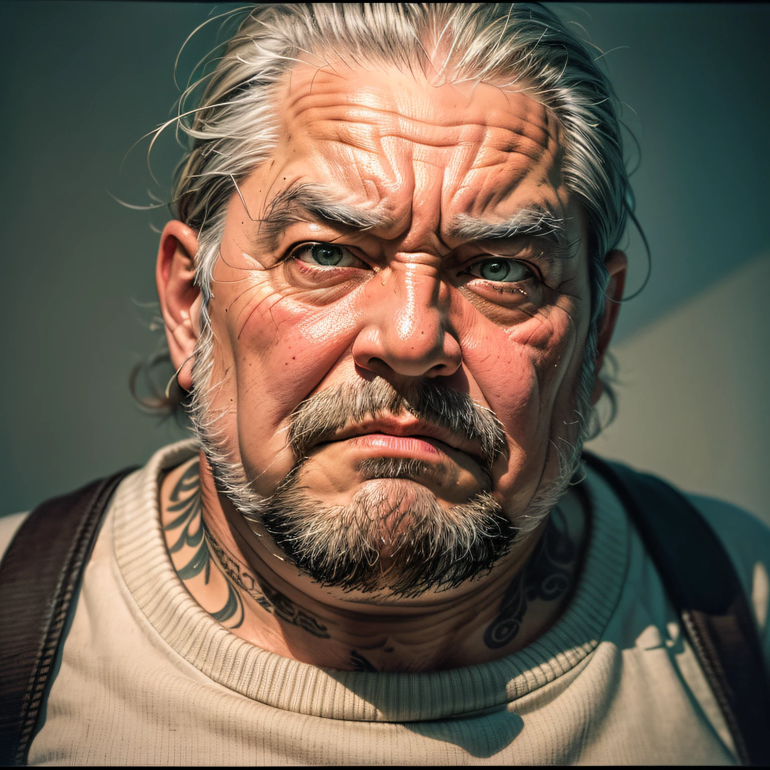 Portrait of european old fat guys, (angry), (dark brown eyes), detailed skin, realistic, sweater, tatoo, soft shadows, Fujifilm X3, ((masterpiece: 1.3)), (at night: 1.4)