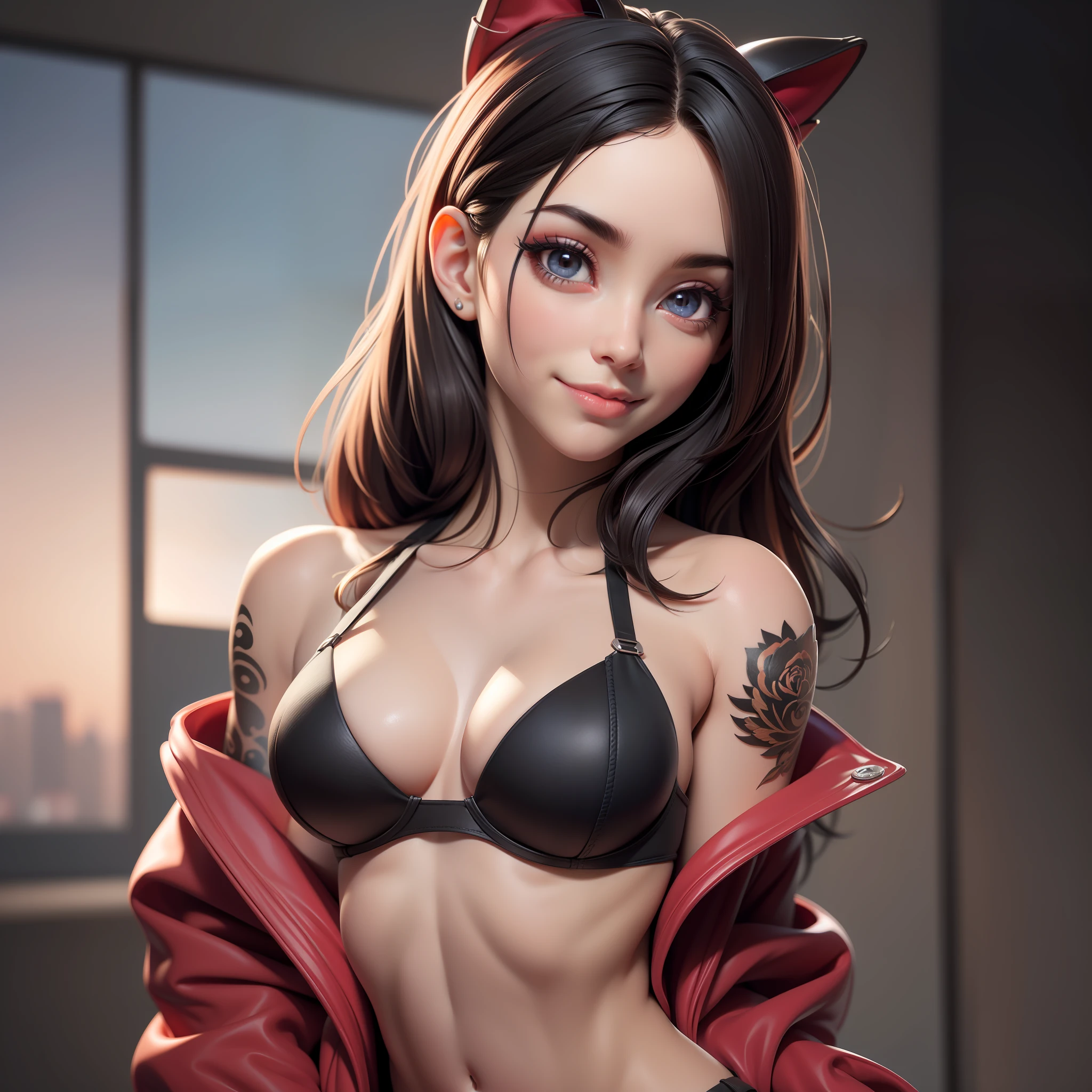 HDR, CG, sharpen focus, (8k), (4k), (Obra maestra), (La mejor calidad), fantasy, extremadamente detallado, intrincado, hiper detallado, (Cara perfecta: 1.3), (ojos perfectos), illustrration, Soft lighting, (specular lighting: 1.4), Altas Resoluciones, absurdos, La mejor calidad, 1girl, solamente, colas gemelas, colored sclera, red sclera, piel coloreada, piel blanca, tatuaje de pierna, tatuaje en el cuello, cabello negro, small breasts, Black bra, tanga, pupilas rojas, Skin fastener, ojos rojos, chaqueta negra, cintura estrecha, caderas anchas, muslos gruesos, En pie, pose sexy, They are smiling
