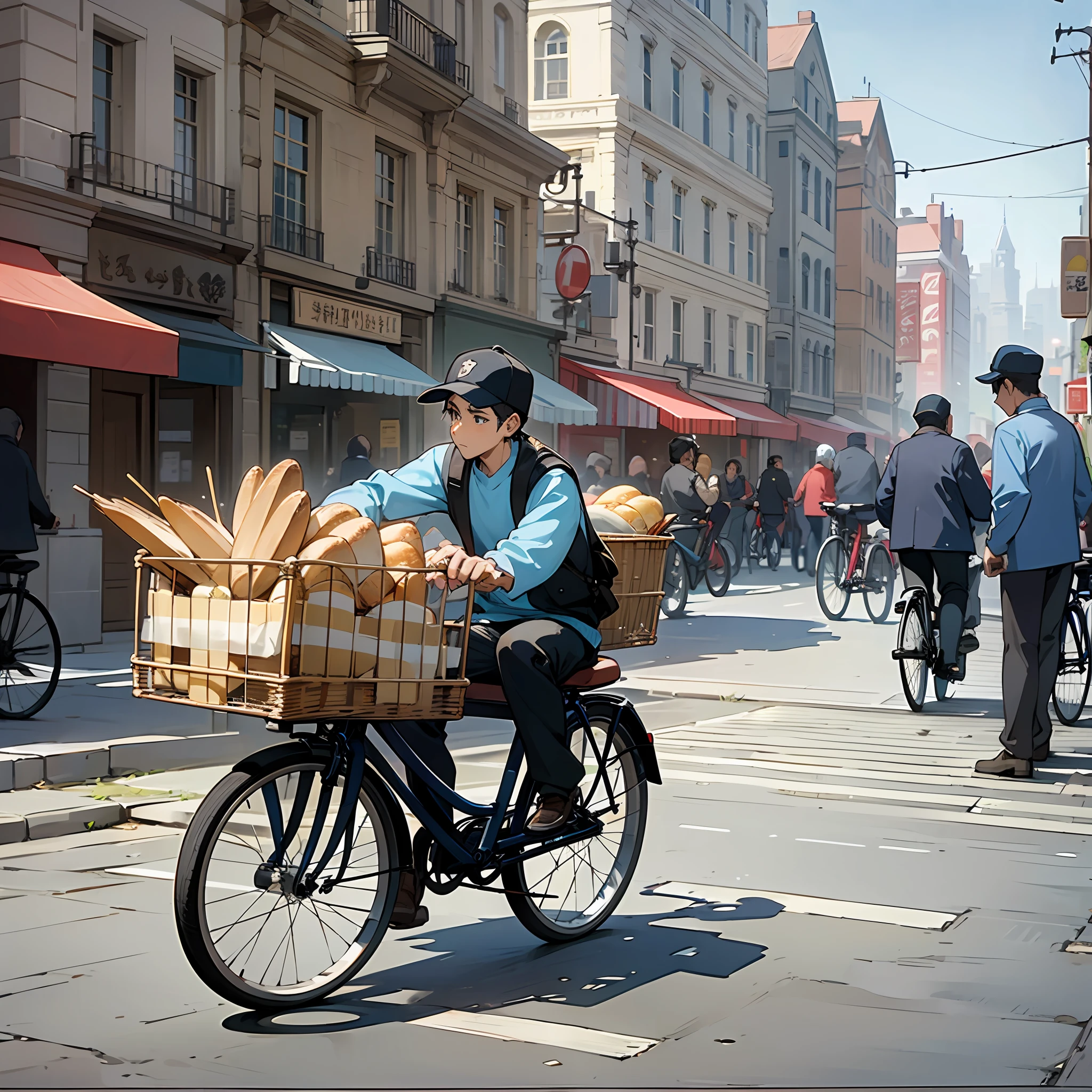 A man selling bread on the street, riding on an adapted bicycle with a basket in front and another behind the bike, where he takes the bread, the street is without movement, only a few people signaling for him to stop and they can buy --auto --s2