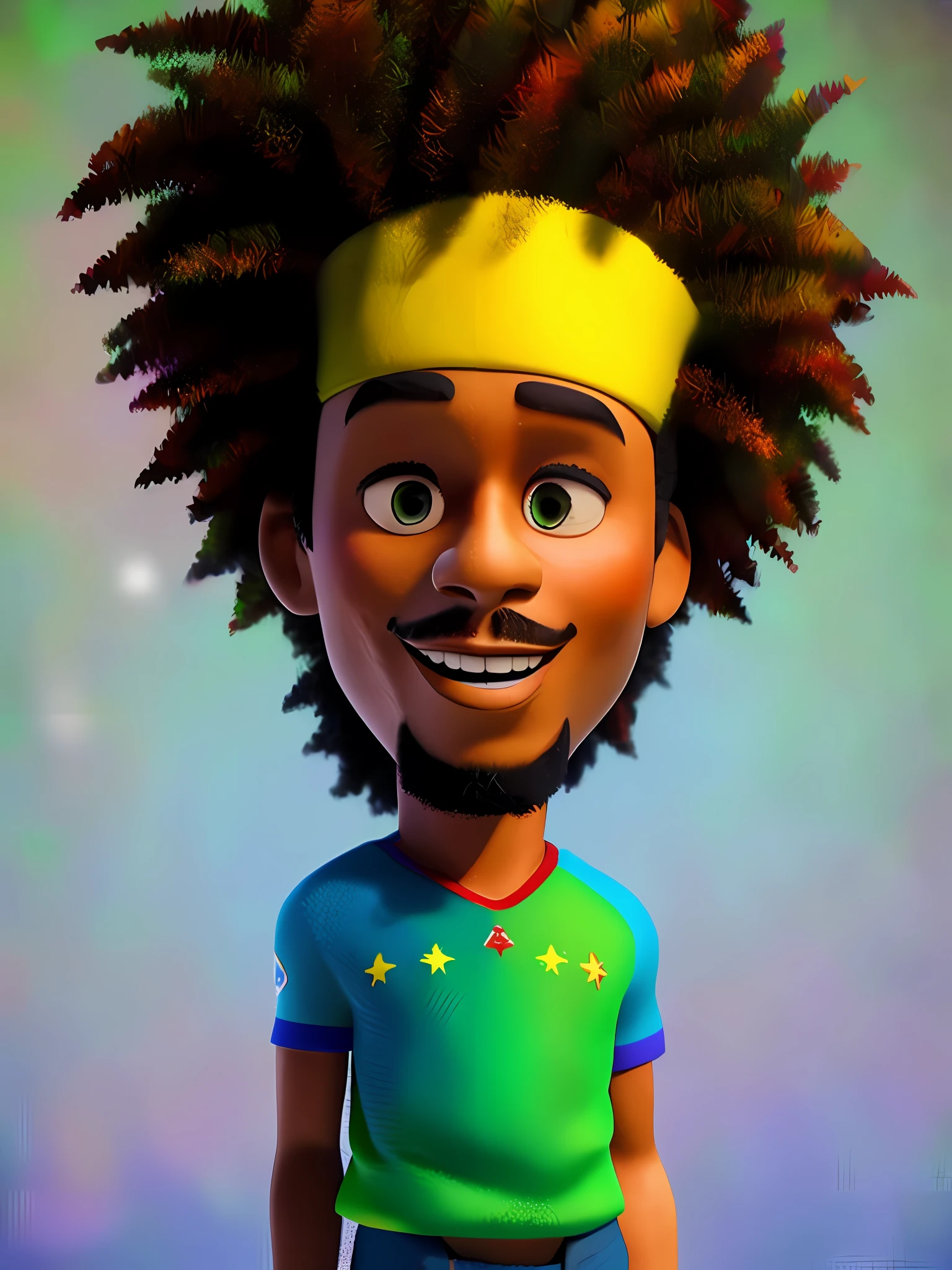 (estilo pixar) um retrato na altura da cintura de um cara negro com franja de cortina, camisa de manga curta, cabelo dread, textura natural da pele, texturas 4k, hdr, intrincado, altamente detalhado, sharp fokus, hiperdetalhado