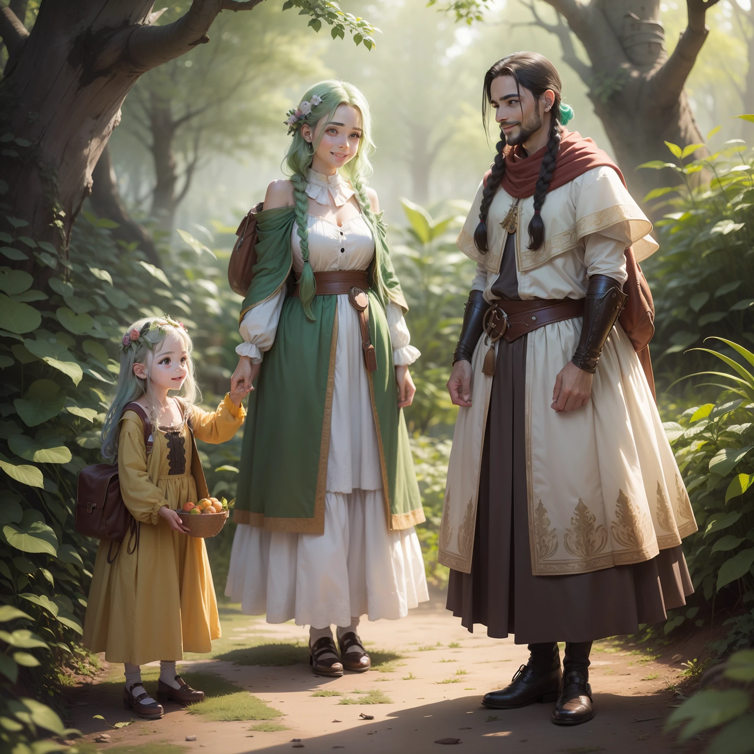 povo da floresta, jovens e idosos, old people, mage people, cute animals arround, little animals in scenario, Fruit in hand, pessoas felizes, vilarejo da floresta, cabelos verdes, cabelo verde, plaits, roupas medievais, modesto, floresta encantada, mundo de fantasia, MagicWorld, pleasant atmosphere, personagem de rpg, cabelo verde, sorridente, alegre, feliz, dinamic pose, rosto detalhado, dentes detalhados, olhos detalhados, nariz detalhados, orelha detalhada, dedos detalhados