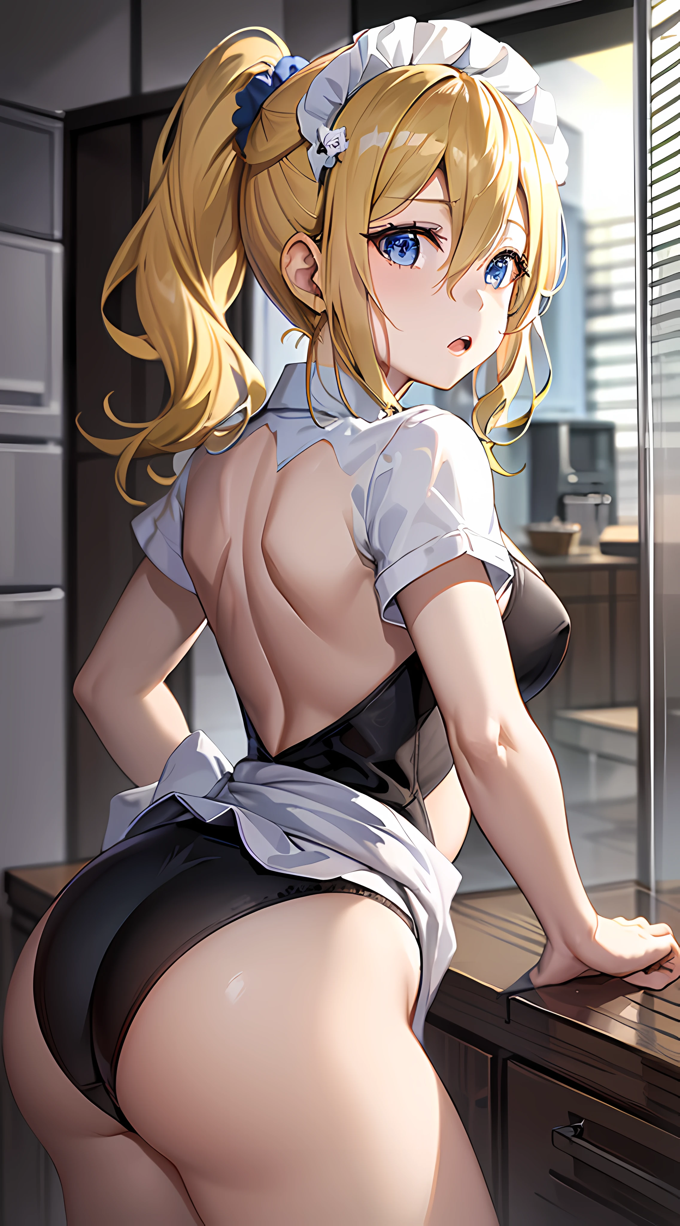 masterpeace, Best Quality, high resolucion, 1girl, hayasaka ai, 独奏, blonde hair, maiden, blue eyes, Side ponytail, hair scrunchie, hair ornament, blue scrunchie, maid headdress, apron, in full height, Hair between the eyes, tits, Bikini only, ass, At the back, is worth cancer, leaning forward, thin underpants,