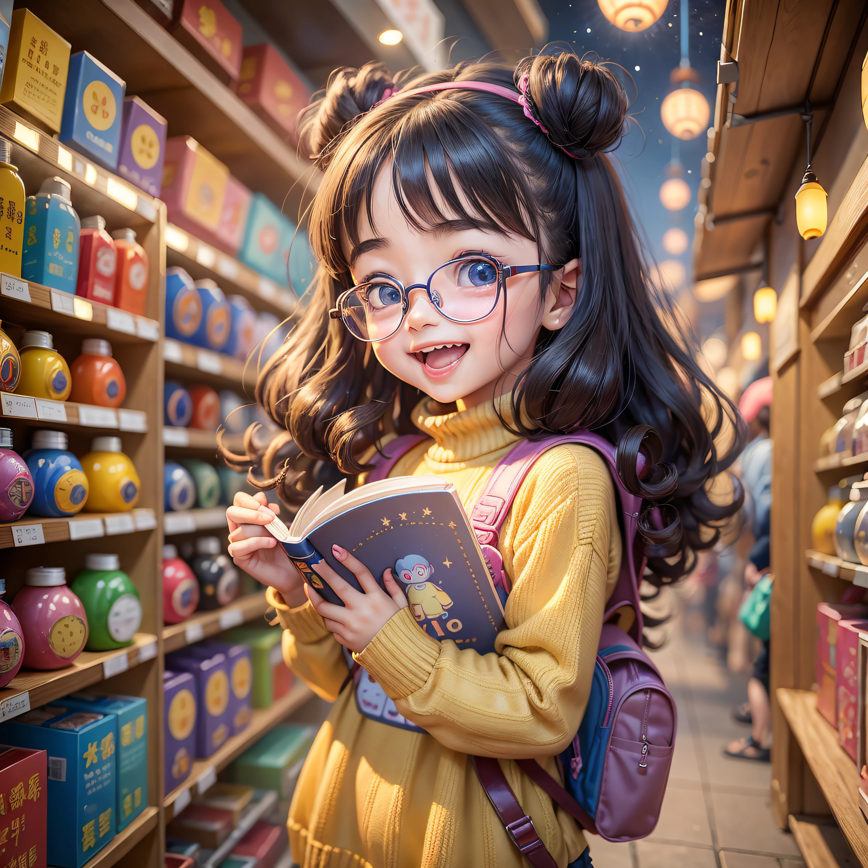 Incredibly cute  girl Jessica, accompanied by her cute puppy, is buying a book for school in a beautiful and colorful bookstore in the middle of the city, The illustration is high resolution 4k resolution, with very detailed facial features and cartoon style graphics.