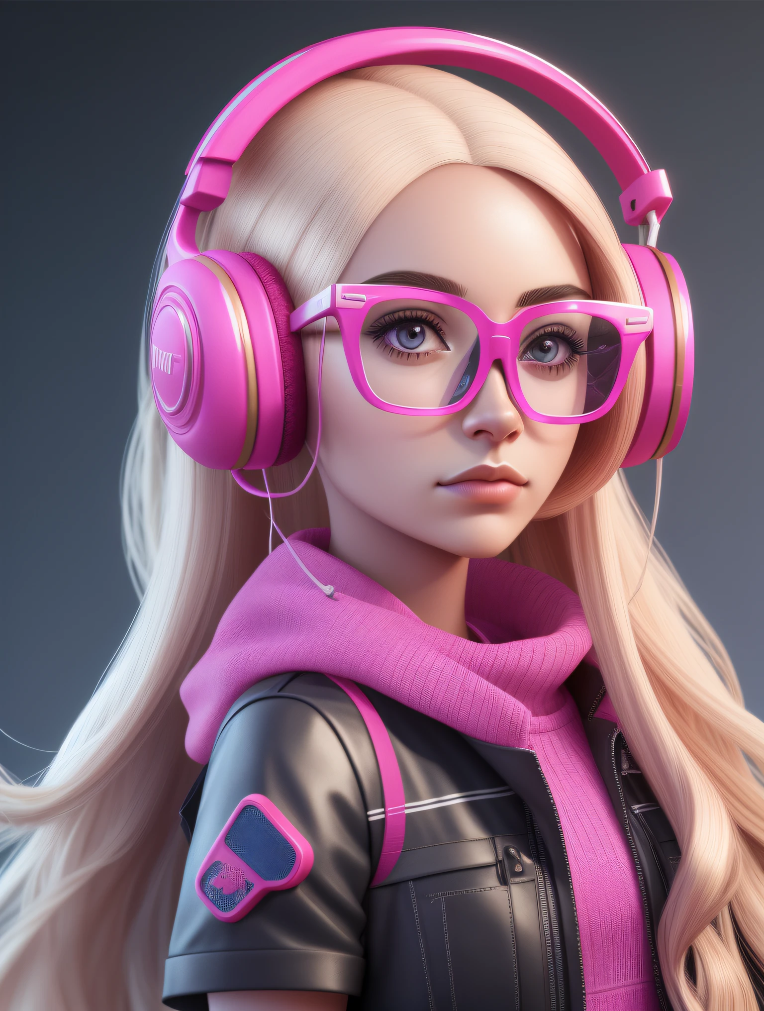 Girl with stunning 3D resolution 12K character in style [Hip Hop], seios grandes, top azul, fones de ouvido, big dark glasses, cabelo loiro longo, chibi em detalhes (corpo inteiro), altamente detalhado, brilhante, ultra alta qualidade, hiper-realismo, Rendering, [octan render].