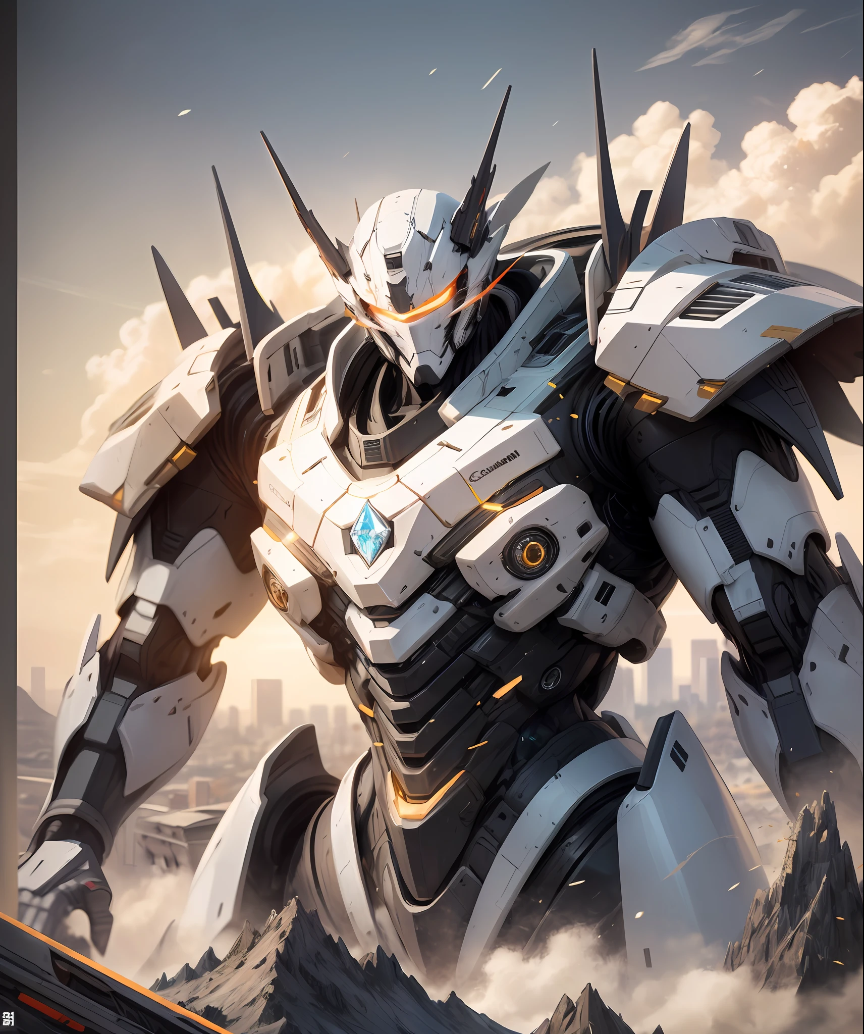 ,Fighting posture,giant mecha,(Smooth surface),(Stand at the top of the mountain:1.2)(Overlooking the cyberpunk city),White is the main color,Comes with bright decorative colors such as red and gold。There are powerful thrusters,(crystal:1.3),(((巨作))),(((Best quality))),((superdetailed))((Extremely detailed CG)),((16K resolution))((An extremely delicate and beautiful)),{Photorealistic},Full of detailed light blooms,A masterpiece from the Canon EOS R6 shooting,((masterpaintings)) ,cinematiclight,独奏,Unreal Engine 5,(Faraway view:1.5)