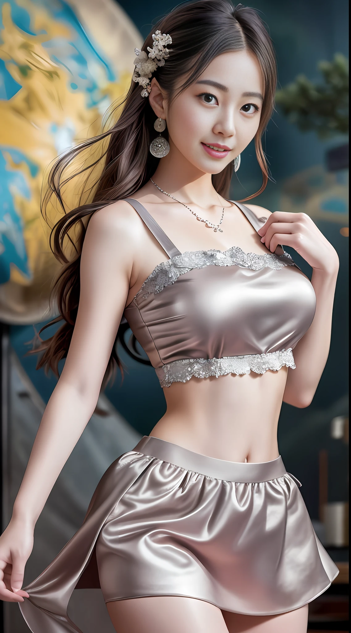 Smiling minchen, mouth closed, balanced eyes, (Best Quality Detail: 1.2), Realistic, 8K HD, Ultra-detailed, High Quality Texture, Intricate Detail, Detailed Texture, Fine Detail, High Detail, Very Detailed CG, Delicate Beautiful Delicate Face, (Delicate Beautiful Delicate Eyes: 1.32), Very Bright Lighting, Ray Tracing, (A Beautiful 25-Year-Old Cute Japanese Lady: 1), Proud, Tall Feminine, Beautiful Legs, Glowing Eyes, Blush, Very White Skin, Perfect Body Petite, Silver Tight Bra, [Brown Skirt]: 1, Stockings and suspenders: 1.2, long hair, short pink skirt, comfortable living room, sun, hands open, earrings, necklace, model, looking at the audience, standing pose, from the side, dynamic pose, front