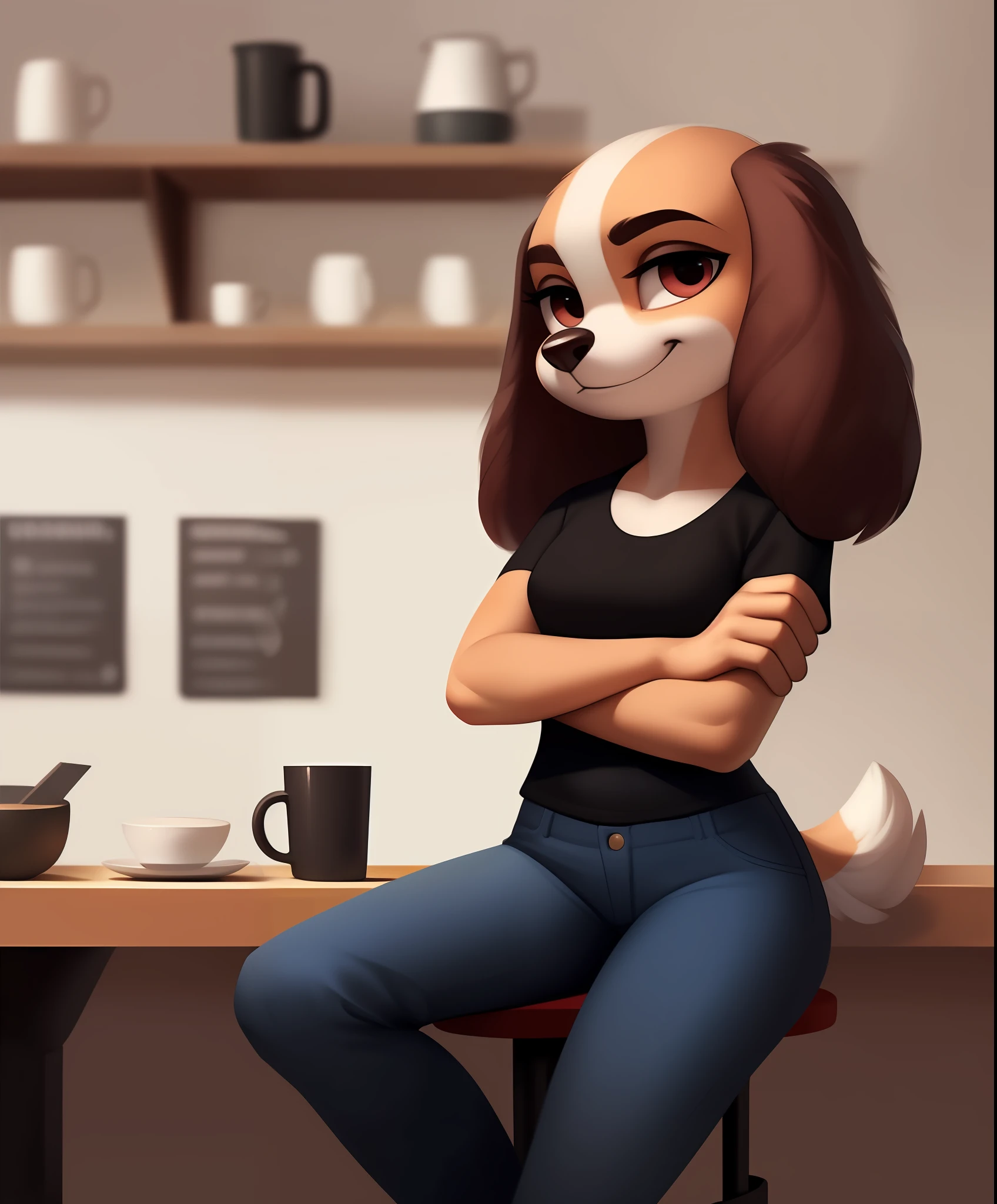 (by qupostuv35:1.0), female ((anthro, humanoid)), [(thin:1.1) : small petite : (spaniel:1.2):4], (Detailed face), (anthropomorphic legs, anthropomorphic hands:1.1), (solo), works in a cafe, (crosses his arms), ((smirk))