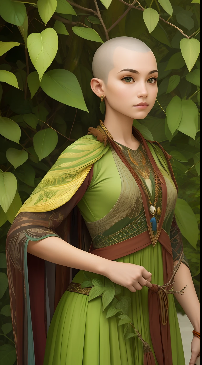 Teenage warrior woman with a spear in her hand who has a green outfit, pinturas verdes sobre o corpo, head and face plus shaved head (completamente careca). Suas pinturas faciais incluem linhas curvas e espirais na cor verde, symbolizing growth and renewal, with touches of brown representing the earth and the connection with nature. The costume features intricate details of intertwined leaves and twigs, Showing the deep connection with nature.