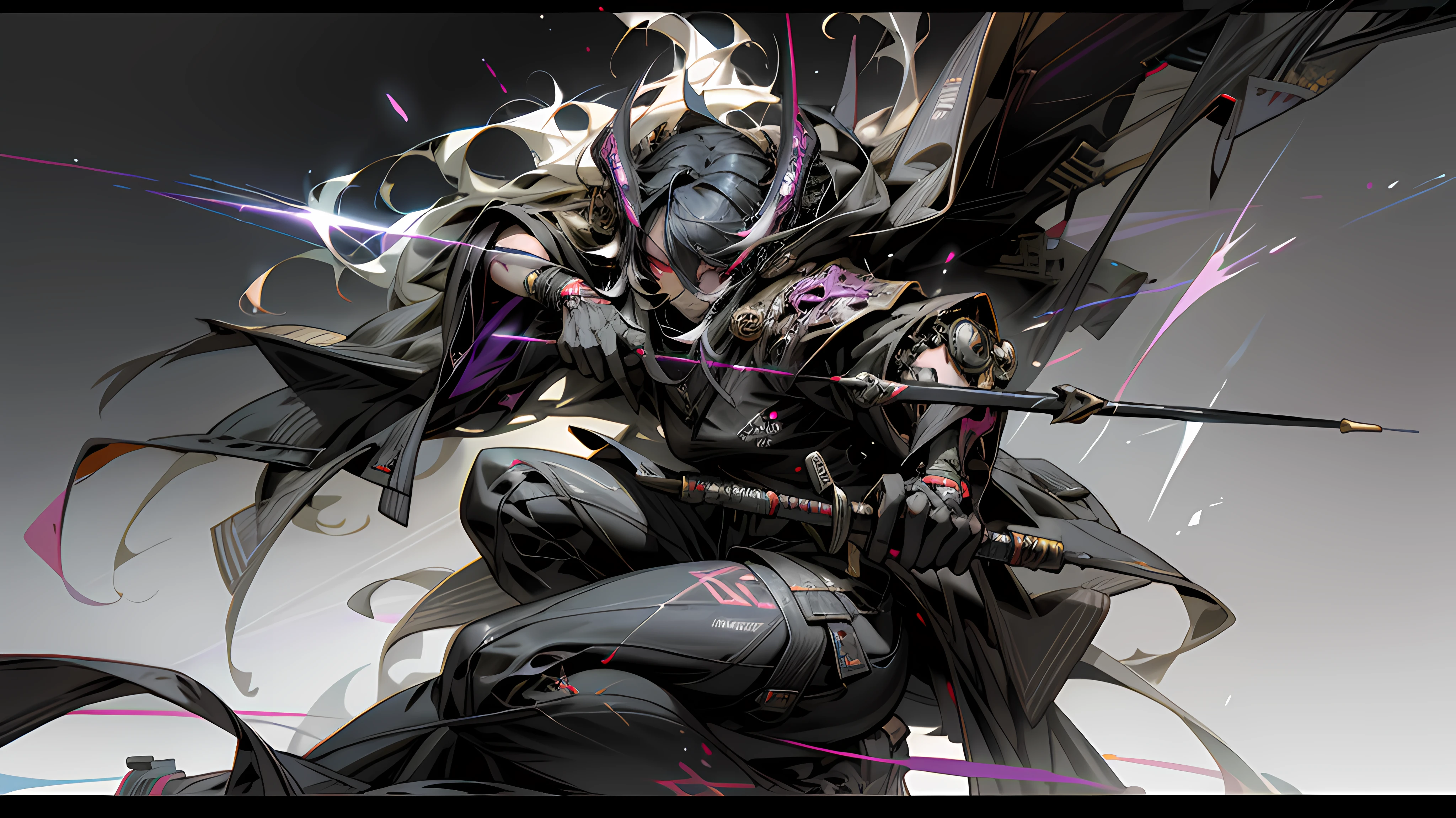 (Homem em um traje de peste black futuristic:0.9), (raven mask:1.7), (rifle:1.3), (Cyber futuristic environment:1.4), (bright and contrasting lighting:0.1), (Dynamic shooting angle:1.3), (contraste de fundo escuro:0.1), (Realismo:1.1)