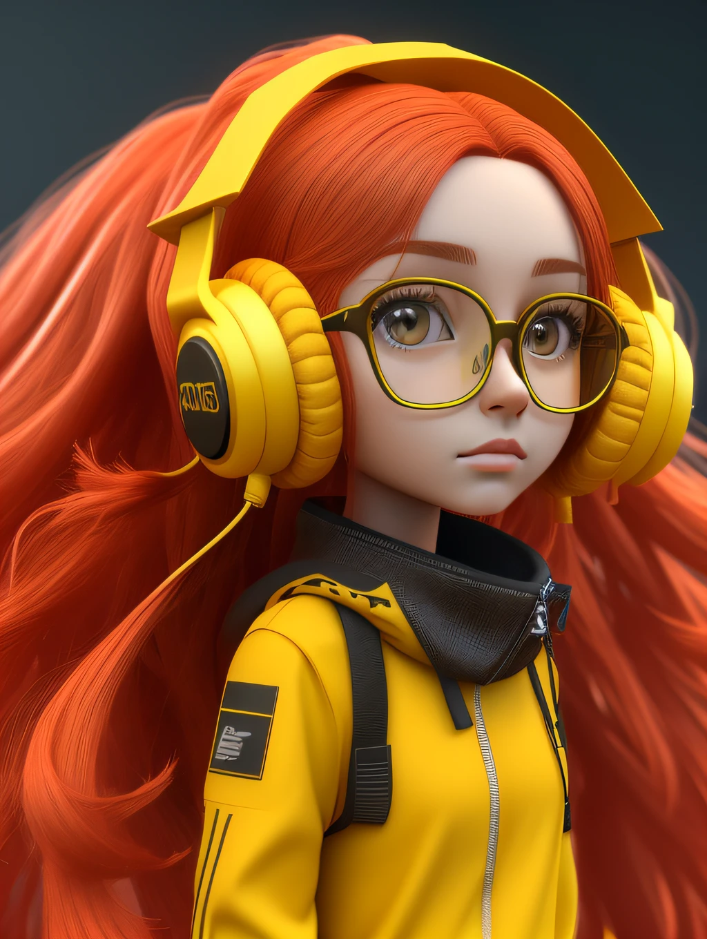 Girl with stunning 3D resolution 12K character in style [Hip Hop], seios grandes, top amarelo, fones de ouvido, big dark glasses, cabelo ruiva longo, chibi em detalhes (corpo inteiro), altamente detalhado, brilhante, ultra alta qualidade, hiper-realismo, Rendering, [octan render].