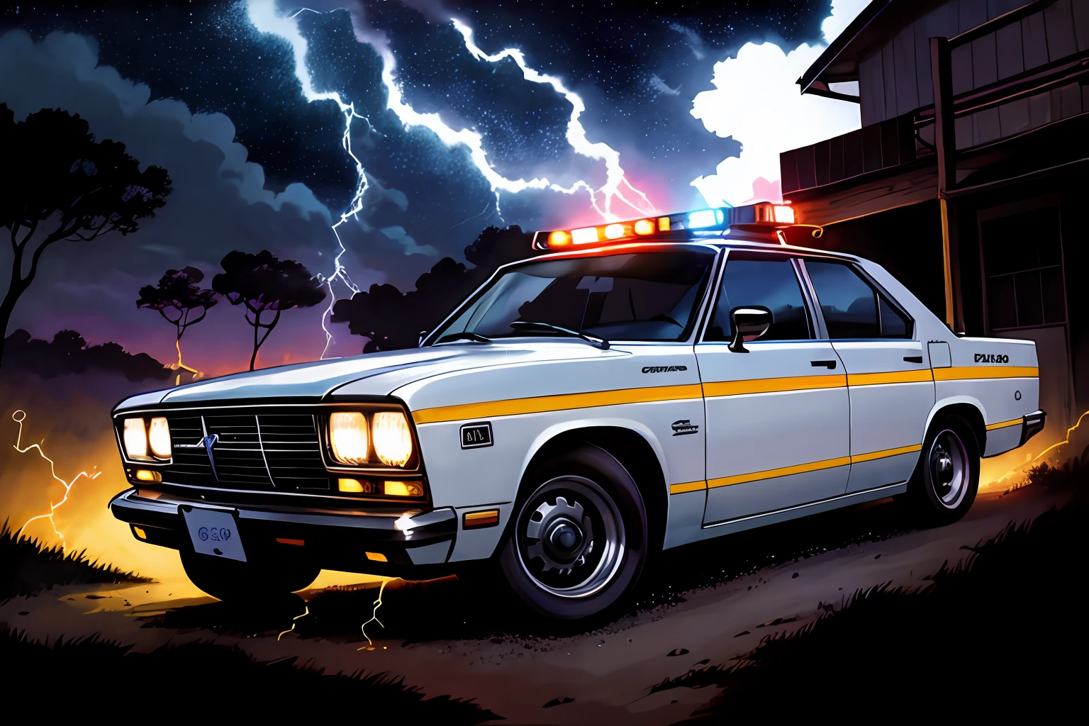 ((comic styled)), police car stopped black and white, luzes azuis e vermelhas, estrada de terra, fazenda Noturna, particules, Chuva leve, noite, Chuva, graves, lightning flashes, fundo detalhado, (arte de Frank Miller), ((empty hands)), obra-prima, (realista:1.3), perfect lighting, sombreamento perfeito, (textura realista do tecido), hiper-realista, (fotorrealista:1.5)