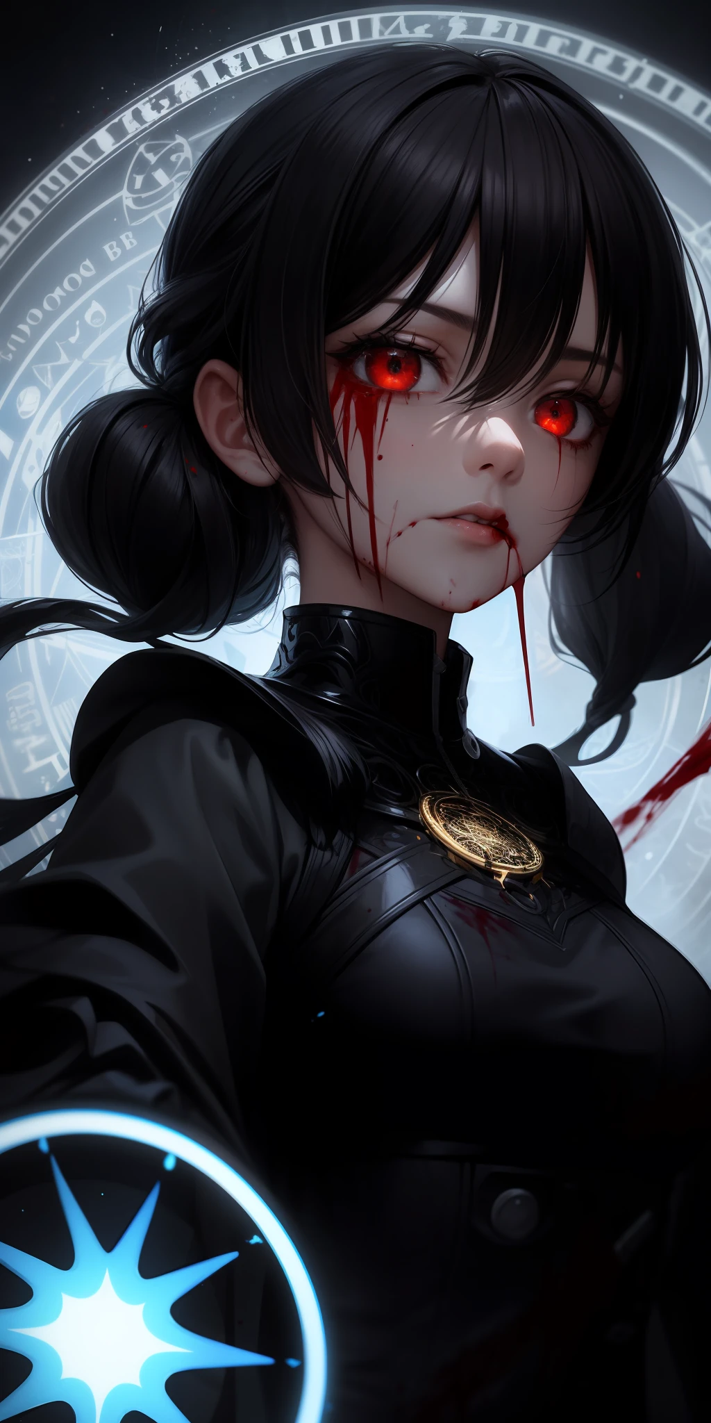 (masterpiece:1.2, best quality), (finely detailed beautiful eyes: 1.2), (detailed background,dark fantasy), (beautiful detailed face), high contrast, (best illumination, an extremely delicate and beautiful), ((cinematic light)), colorful, hyper detail, dramatic light, intricate details, (1 girl, solo,black hair, sharp face,low twintails,red eyes, hair between eyes,dynamic angle), (blood splatter:1.4), swirling black light around the character, depth of field,black light particles,(broken glass),magic circle,