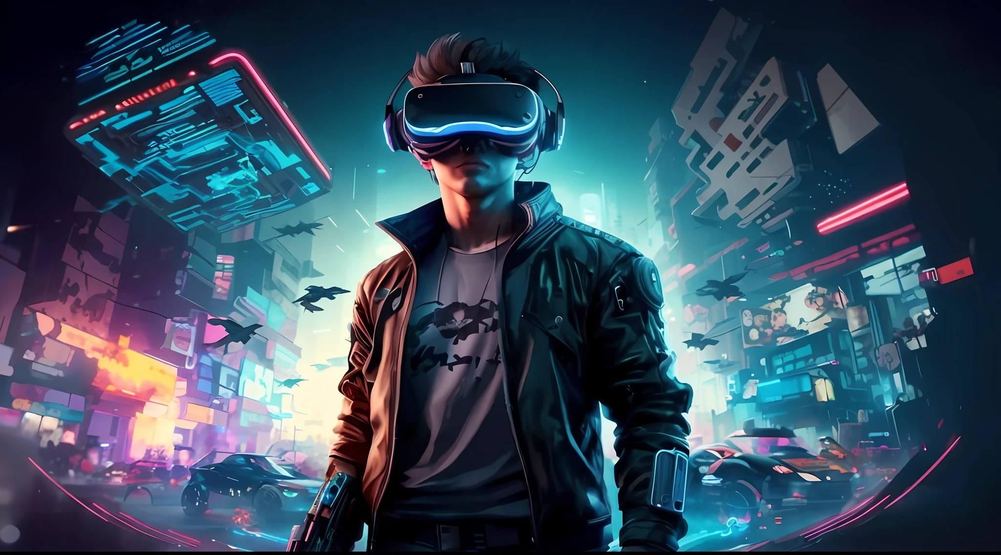 a man in a black jacket and glasses stands in front of a futuristic city, vr game, cyberpunk vibe, cyberpunk vibes, deeper into the metaverse we go, has cyberpunk style, cyberpunk theme, in cyber punk 2077, cyberpunk futuristic, cyberpunk future, synthwave, wearing cyberpunk streetwear, futuristic cyberpunk, cyberpunk tech, retro cyberpunk, synthwave style