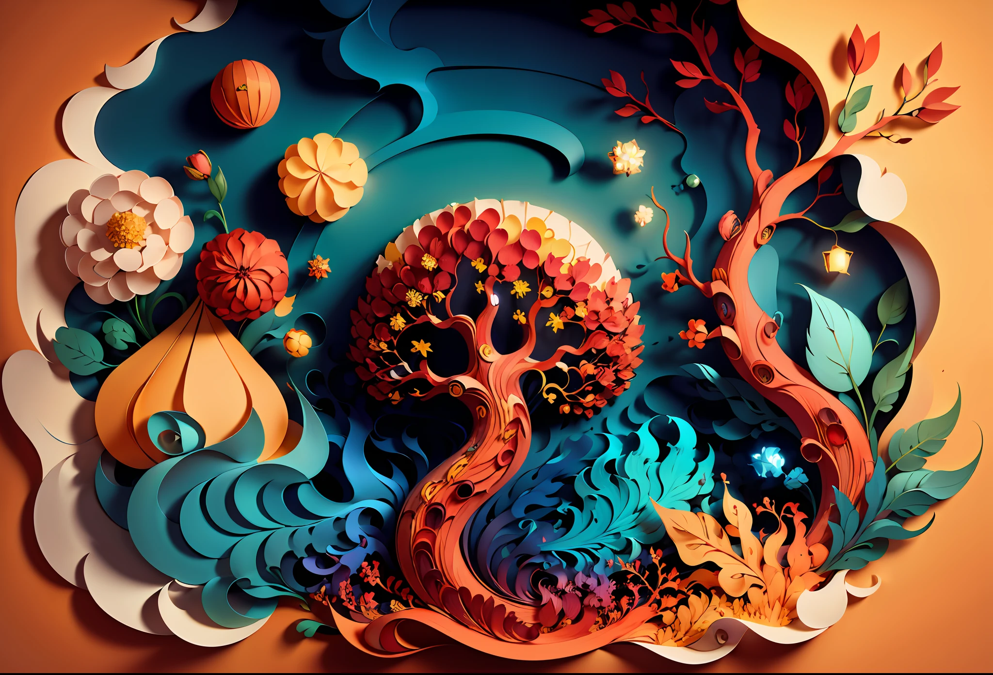 (((masterpiece))),best quality, illustration, paper quilling paper cut red tree black sky detailed complex pattern