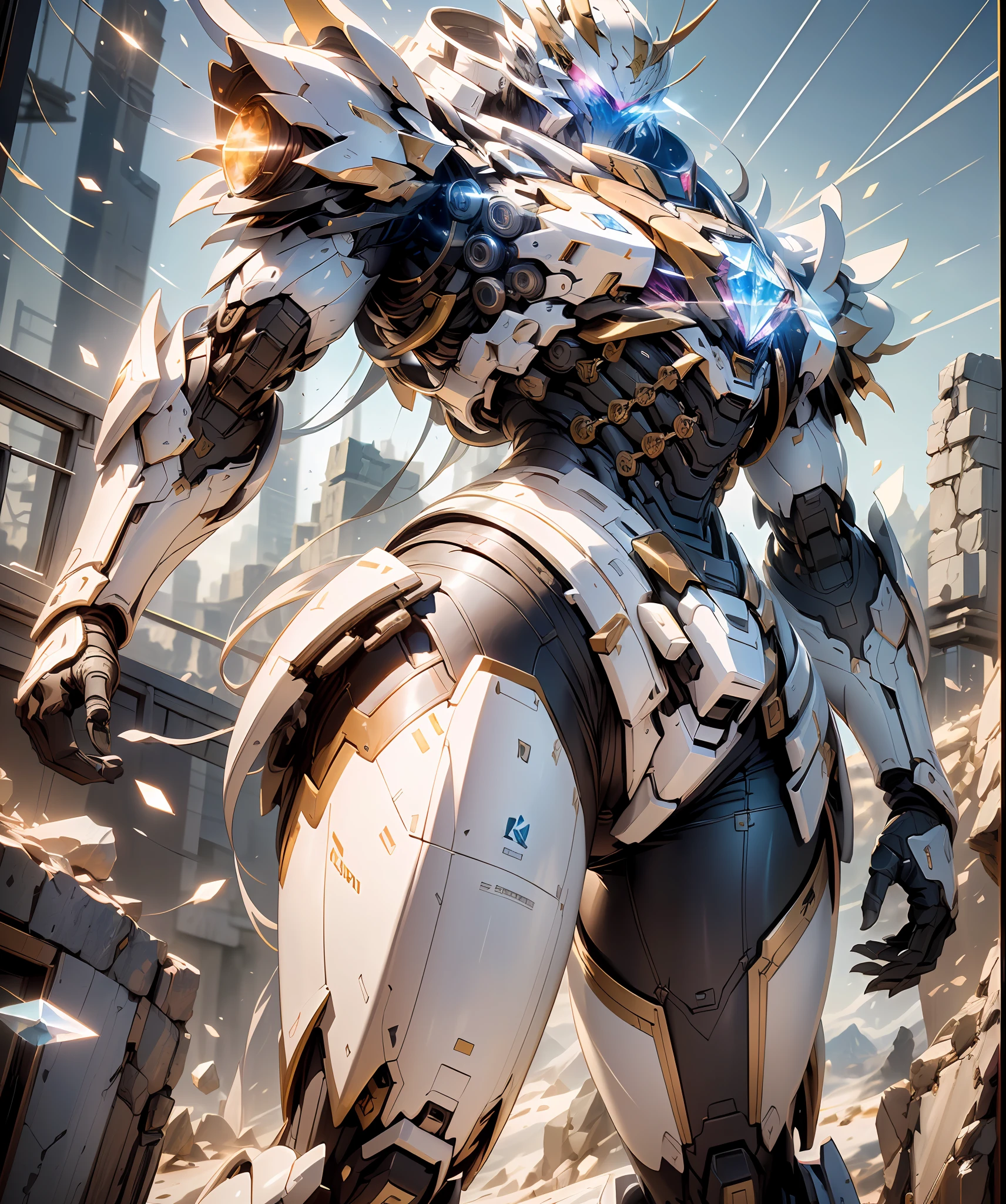 ,Fighting posture,giant mecha,(Smooth surface),(Stand at the top of the mountain:1.2)(Overlooking the cyberpunk city),White is the main color，Comes with bright decorative colors such as red and gold。There are powerful thrusters,(crystal:1.3),(((巨作))),(((Best quality))),((superdetailed))((Extremely detailed CG)),((16K resolution))((An extremely delicate and beautiful)),{Photorealistic},Full of detailed light blooms,A masterpiece from the Canon EOS R6 shooting,((masterpaintings)) ,cinematiclight,独奏,Unreal Engine 5,(Faraway view:1.5)