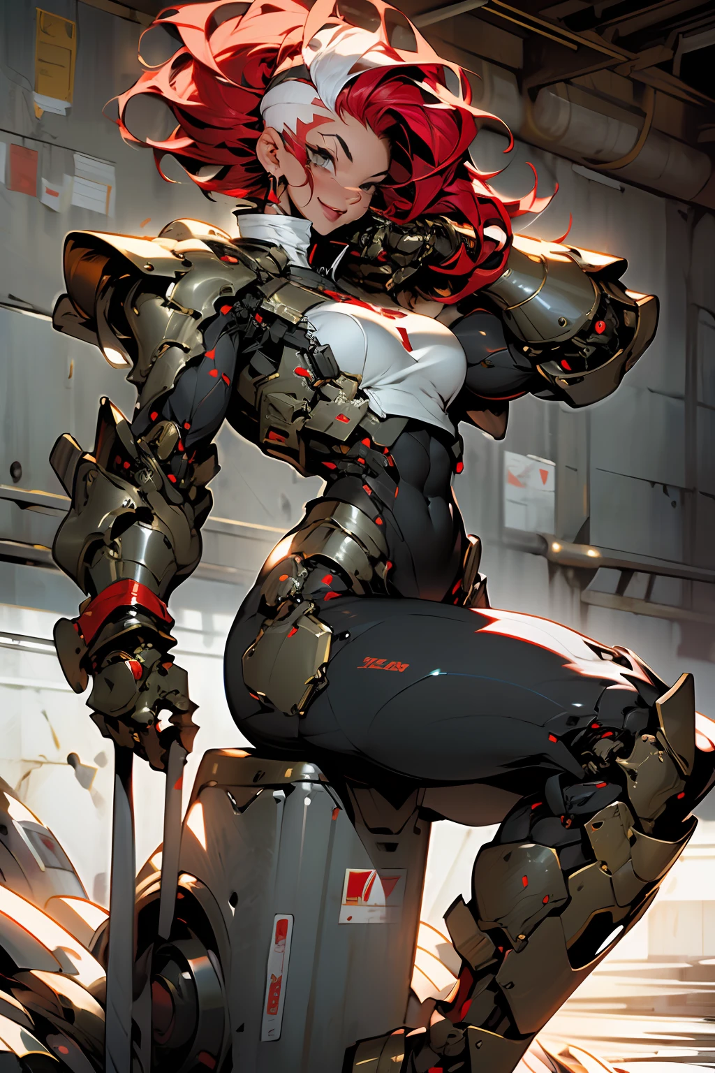 (((masterpiece))), (((best quality))), ((((absurdities))), Muscular 35-year-old adult woman with robotic armor, large breasts, sensual pose, white mohawk hair with red locks, proportional body, full body, beautiful, mischievous smile, military installation