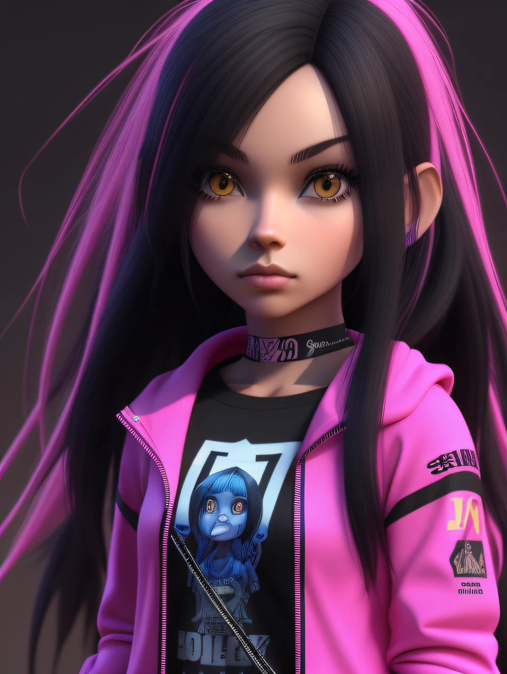 Girl with stunning 3D resolution 12K character in style [Hip Hop], seios grandes, top azul, cabelo preto longo, chibi em detalhes (corpo inteiro), altamente detalhado, brilhante, ultra alta qualidade, hiper-realismo, Rendering, [octan render].