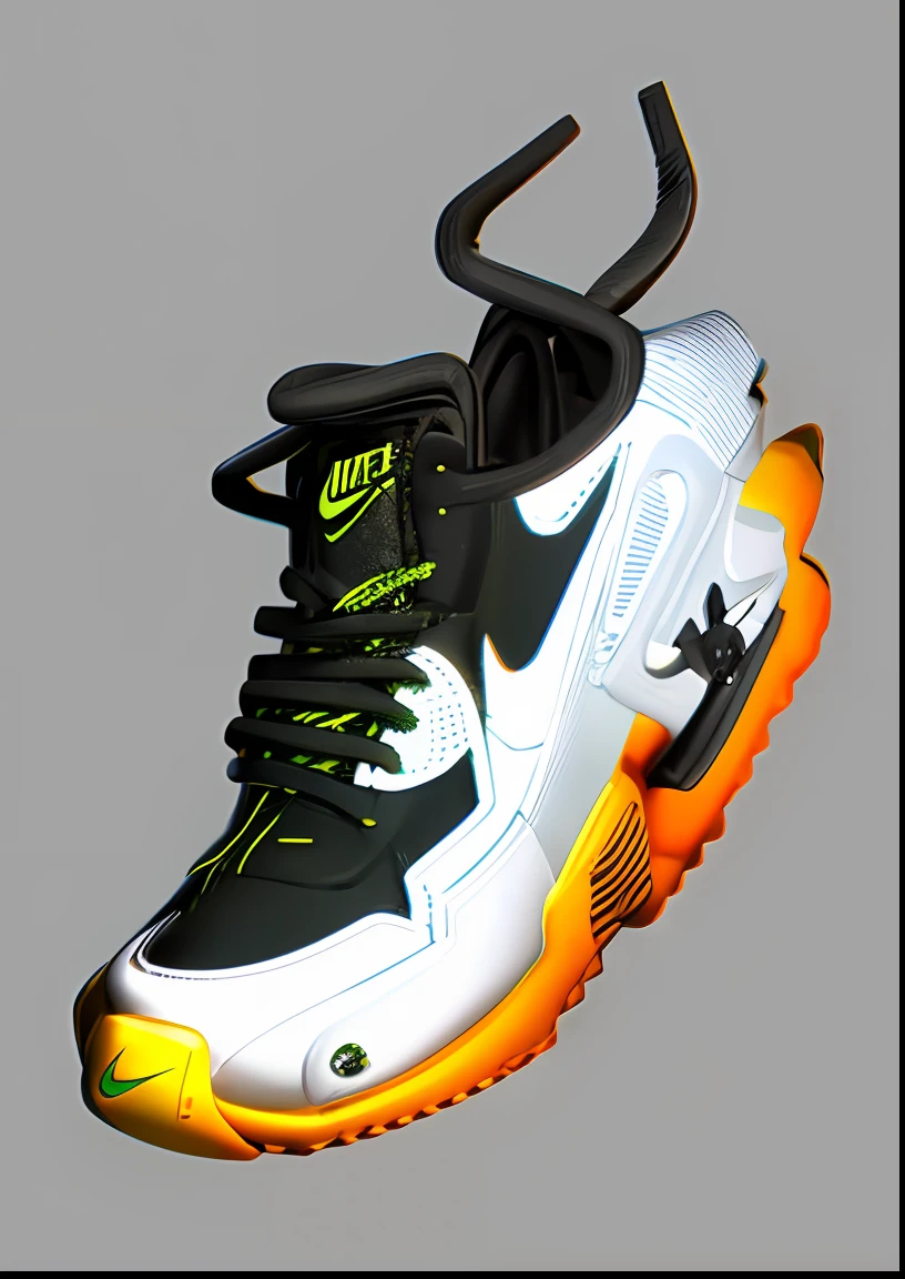 3D drawing of a pair of sneakers in black leather, laranja,   black laces, imagem e cores perfeita com logo nike branco em alto relevo, solado em borracha bastante detalhado, imagem  realista , 32k