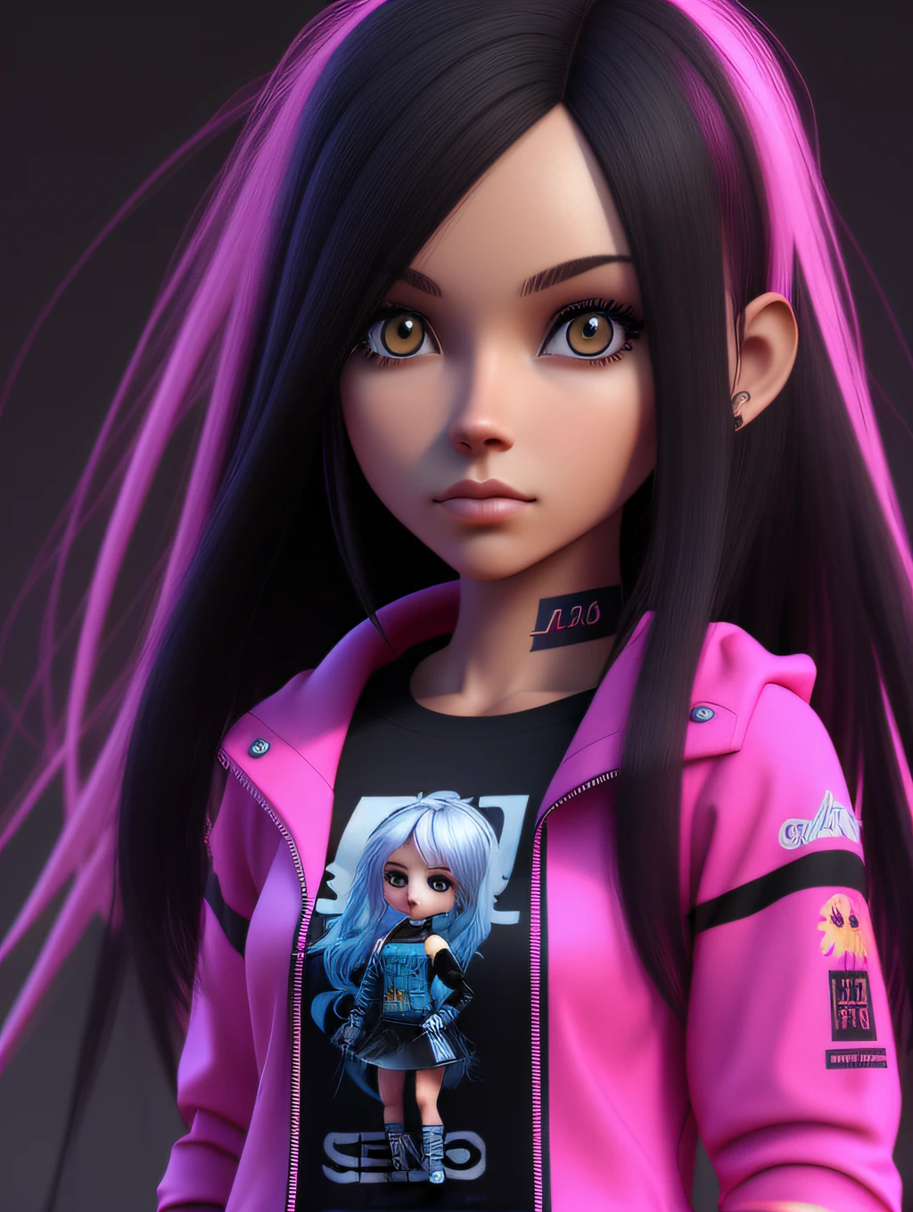 Girl with stunning 3D resolution 12K character in style [Hip Hop], seios grandes, top azul, cabelo preto longo, chibi em detalhes (corpo inteiro), altamente detalhado, brilhante, ultra alta qualidade, hiper-realismo, Rendering, [octan render].