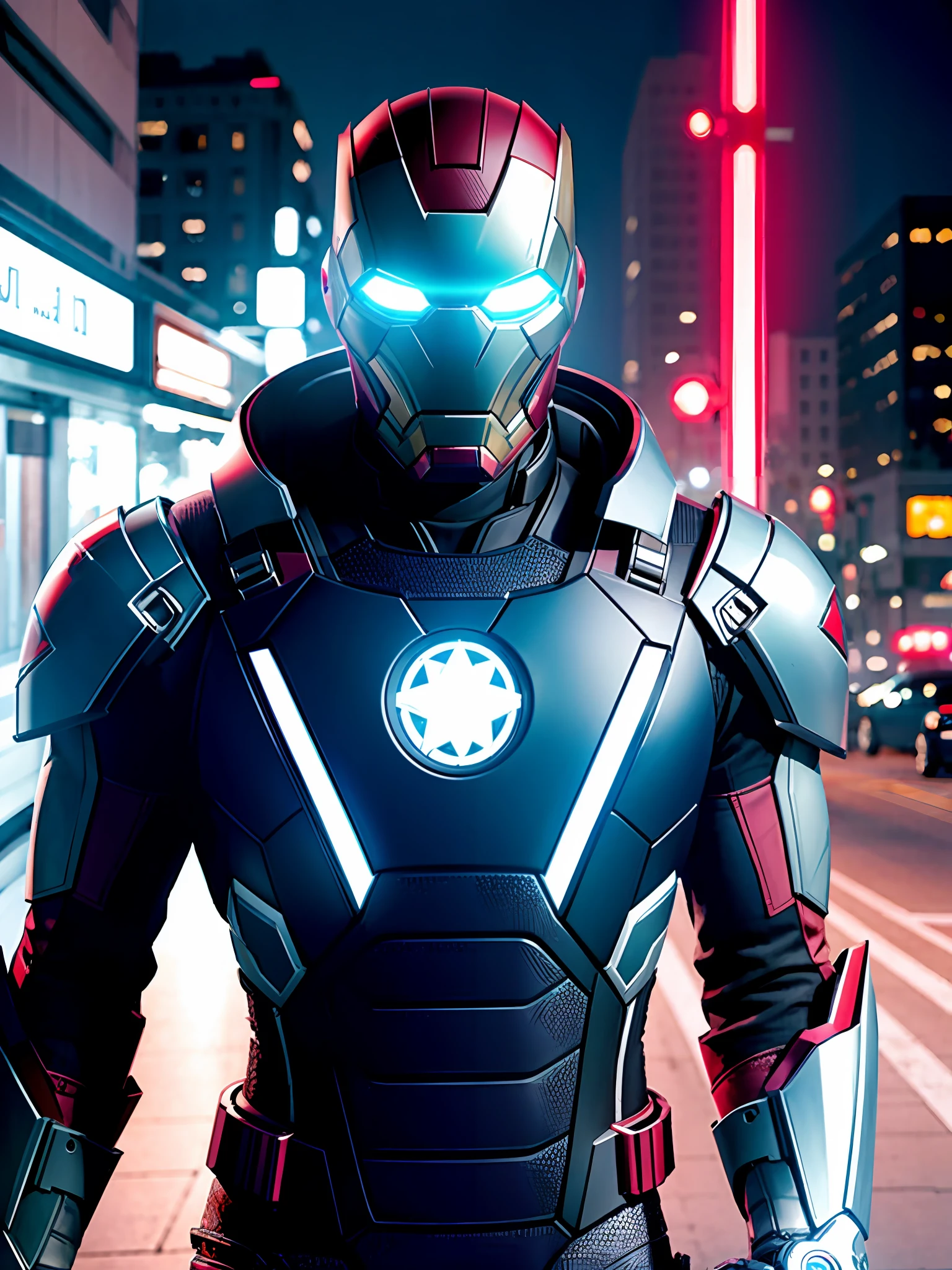 Tony stark, armadura futurista, traje todo branco, com detalhes azul neon ,rosto bem detalhado, corpo inteiro, realista, cidade cyberpunk, neon , cores vivas,
