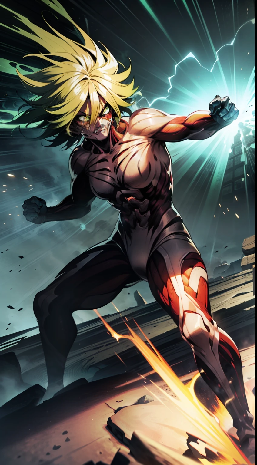 Female titan unleashes a colossal energy wave that shatters the ground and creates a massive shockwave. He stands on a rocky terrain with a yellow stormy sky in the background. The energy wave is a mix of green and yellow hues with a swirling pattern. (dark:1.2), (epic:1.3), (chaotic composition:1.2), (metallic:1.1), (gritty texture:1.1), (comic book:1.2), (((3D))), Girl, small tits