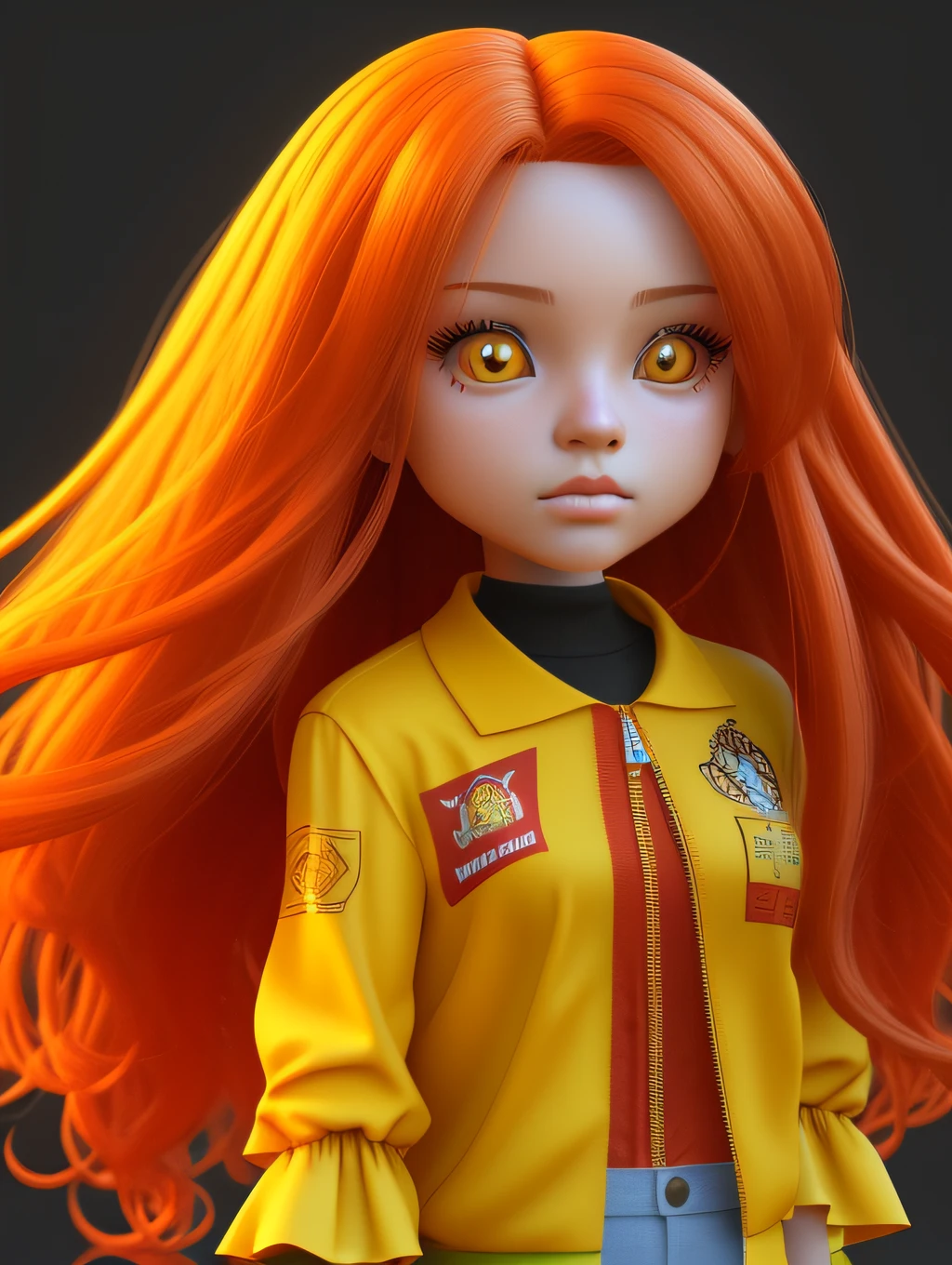 Girl with stunning 3D resolution 12K character in style [Hip Hop], seios grandes, top amarelo, cabelo ruivo longo, chibi em detalhes (corpo inteiro), altamente detalhado, brilhante, ultra alta qualidade, hiper-realismo, Rendering, [octan render].