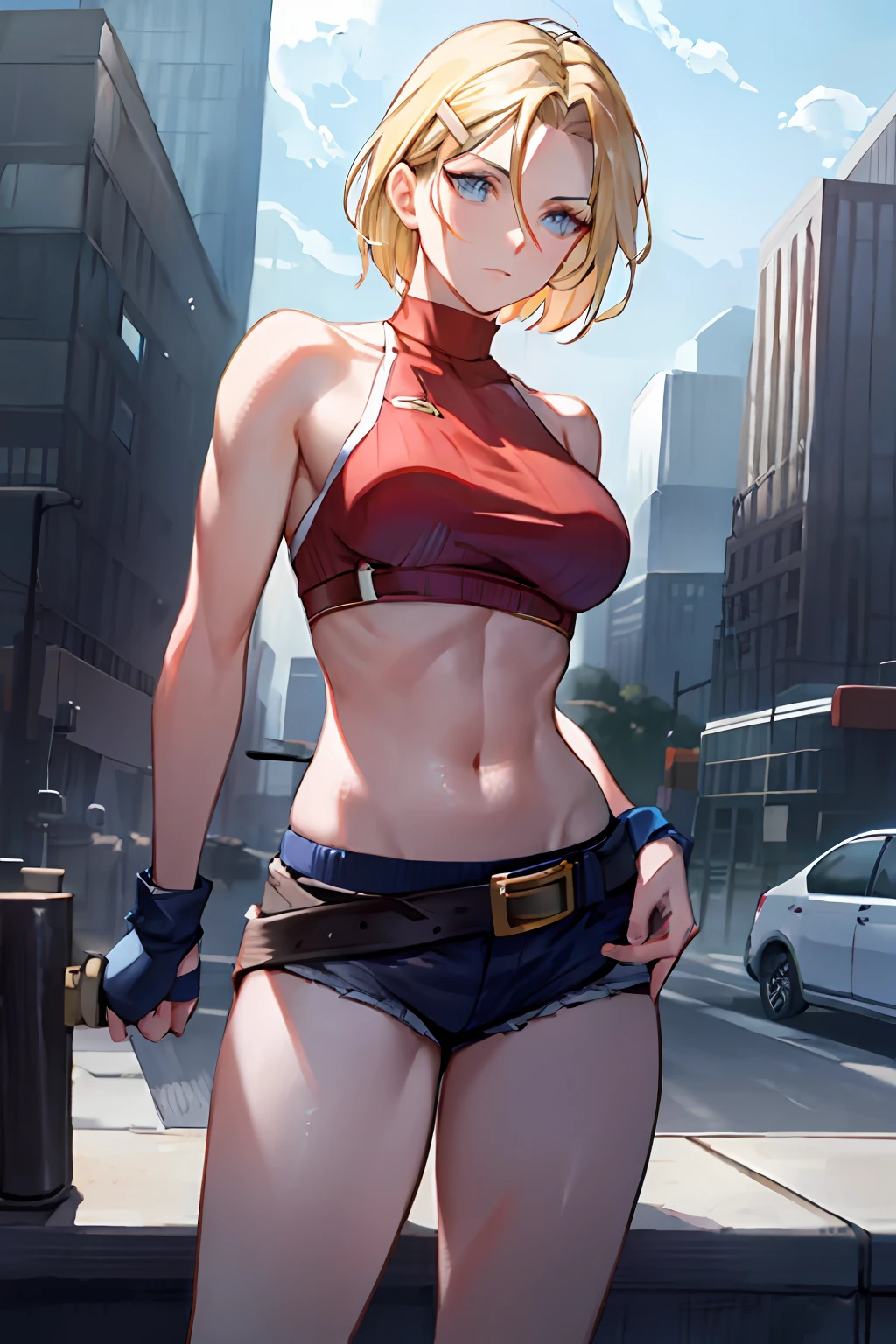 Ediane, best quality, (beauty), masterpiece, 1 woman, reality-based rendering, ultra realistic, defined waist, light eyes, (blonde hair) athletic, long legs, (medium breasts), daytime, (destroyed city) dark, shiny skin, facing viewer, alert posture, (hands on guard) strong, firm expression