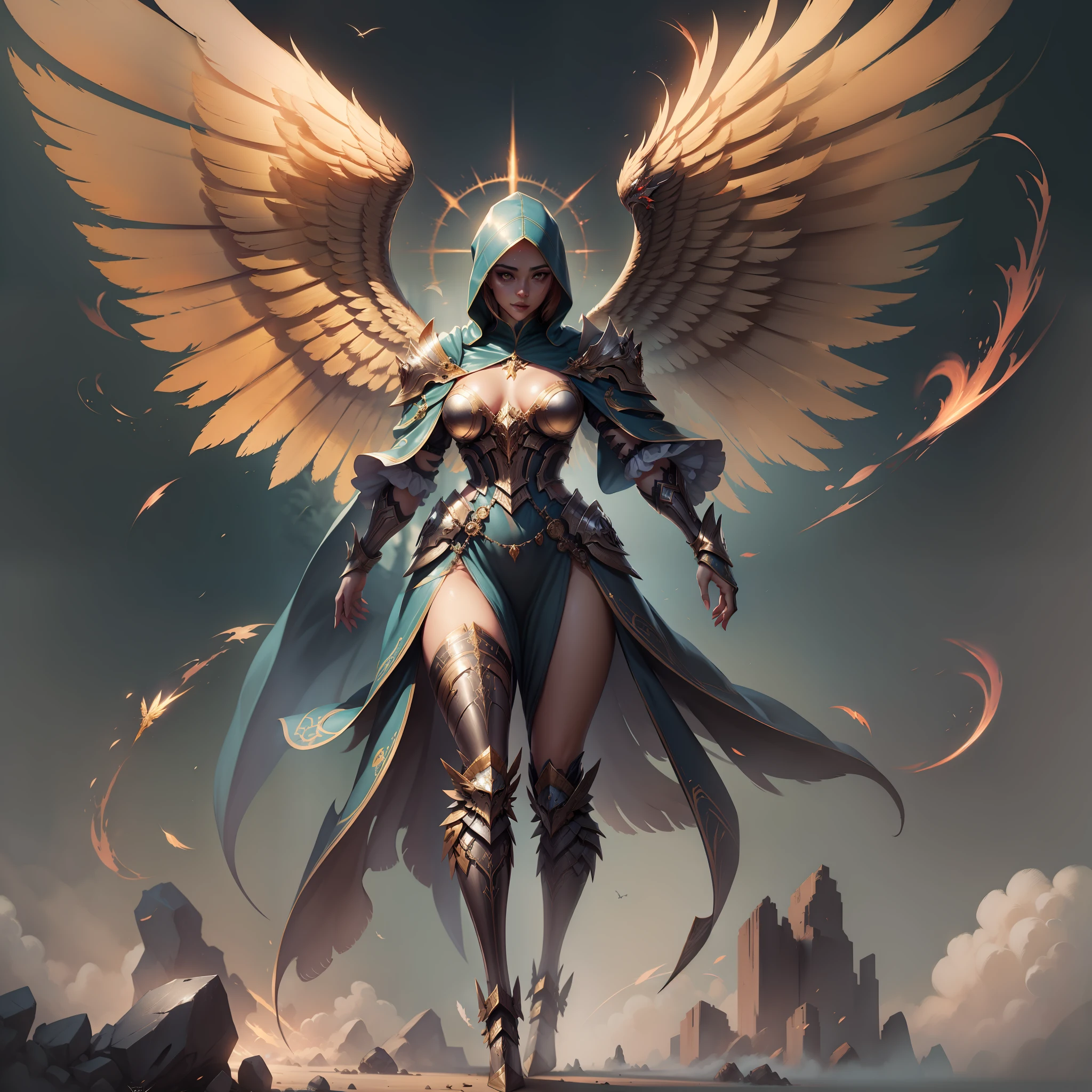 Golden armored angel, wings made of energy, metal halo, no face, hooded, gold, fantasy, concept art, ultra realistic, character art by greg rutkowski