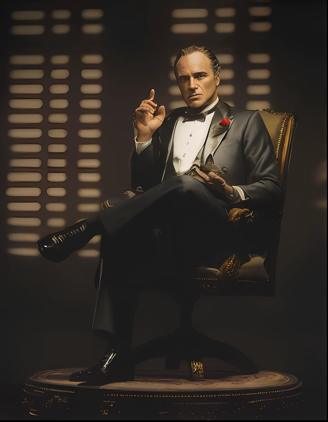 homem arafed em um smoking sentado em uma cadeira, marlon brando as the godfather, Godfather, Iconic character of high detail, The Godfather, epic and elegant portrait, scene from the movie godfather, elegant cinematic pose, estatuetas laterais, foto de retrato detalhada, doing an elegant pose over you