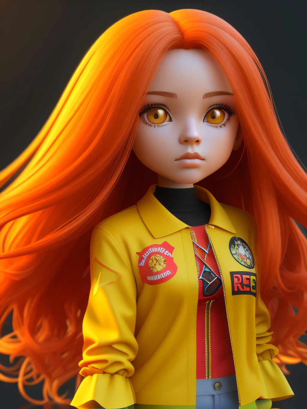 Girl with stunning 3D resolution 12K character in style [Hip Hop], seios grandes, top amarelo, cabelo ruivo longo, chibi em detalhes (corpo inteiro), altamente detalhado, brilhante, ultra alta qualidade, hiper-realismo, Rendering, [octan render].