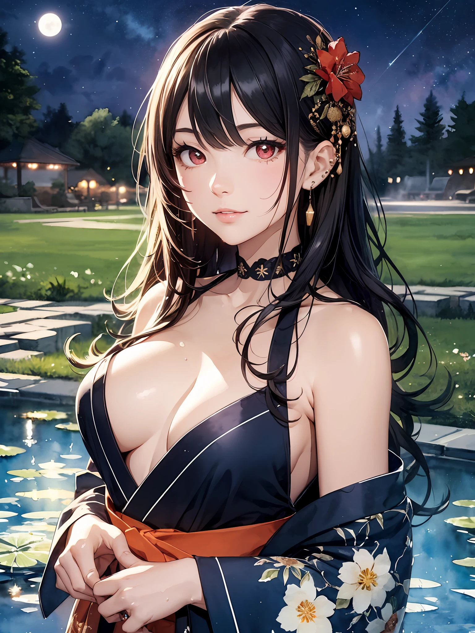 extremely detailed body,girl,woman,female,mature,30 years old,long hair,bangs,streaked hair,black hair,shiny hair,beautiful detailed cold face,cold smile,bright pupils,bare_shoulders,medium_breasts,(red eyes),hair_flower, kimono,((no underwear)),Lots of piercings,night,(pond),Grass is growing in the foreground,beautiful detailed sky,moon,cold light, bokeh,(((Watercolor Techniques))),wet,Unreal Engine,digital art,extremely detailed CG unity 8k wallpaper,