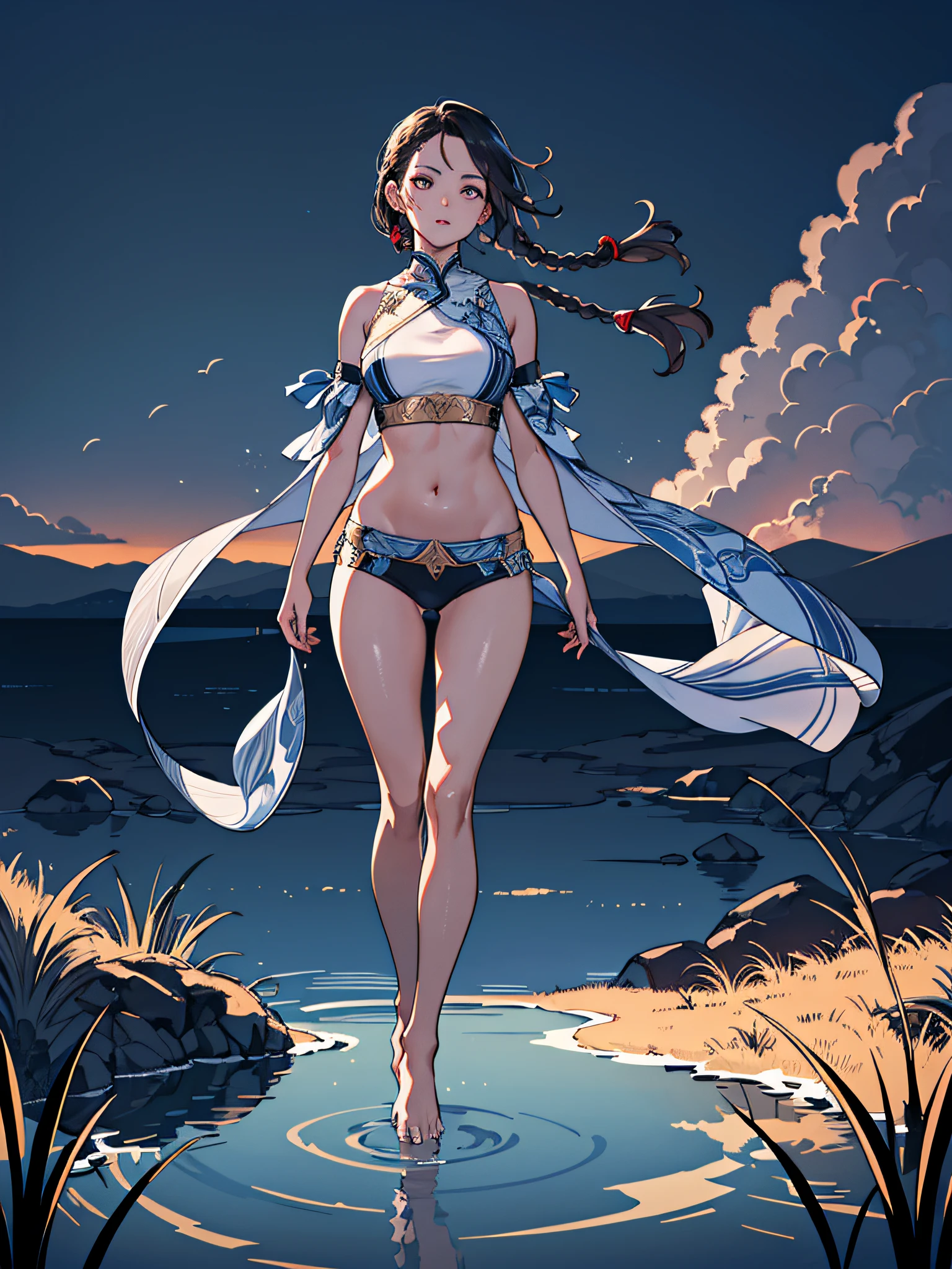 (Best quality, masterpiece), 1 woman, light skin, short braids, particles, looking at the audience, 8k resolution, contempt, pride, full body, Floating in the air, water goddess, Okavango delta, misty lagoon, bare footed, large hips, explosion in the clouds, Hyper realistic, Photography, Picture of the week, RAW, beautiful, (finely detailed skin), African skin, damp, moist, reflections, (masterpiece) (perfect proportion)(realistic photo)(best quality) (detailed) photographed on a Canon EOS R5, 50mm lens, F/2.8, HDR, (8k) (wallpaper) (cinematic lighting) (dramatic lighting) (sharp focus) (intricate)