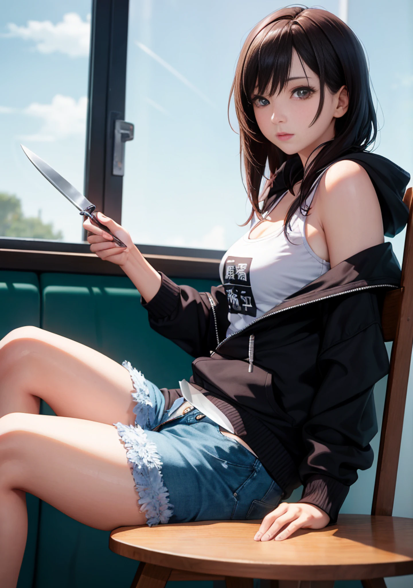 there is a woman that is sitting at a table with a knife, anime girl in real life, inspired by Ayami Kojima, trending at cgstation, Realistic Young Gravure Idol, 奈良美智, sakimichan hdri, girl cute-fine-face, girl wearing hoodie, deayami kojima
