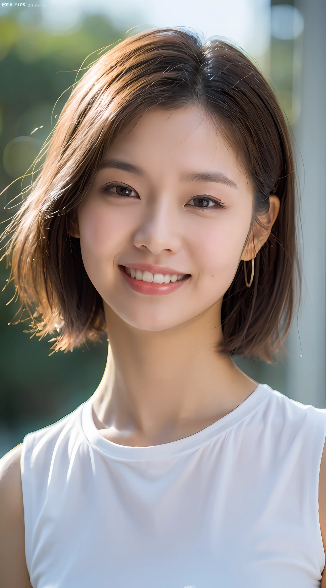 ((最好质量、8K、巨作:1.3))、sharp fokus:1.2、Beautiful woman with perfect body shape:1.4、A slender、short-hair、Black hair、small tits:1.8)、White sleeveless shirt、Highly detailed facial and skin texture、Detailed eye、双眼皮、A slight smile、Bokeh、Figure from the waist up、slender arms、