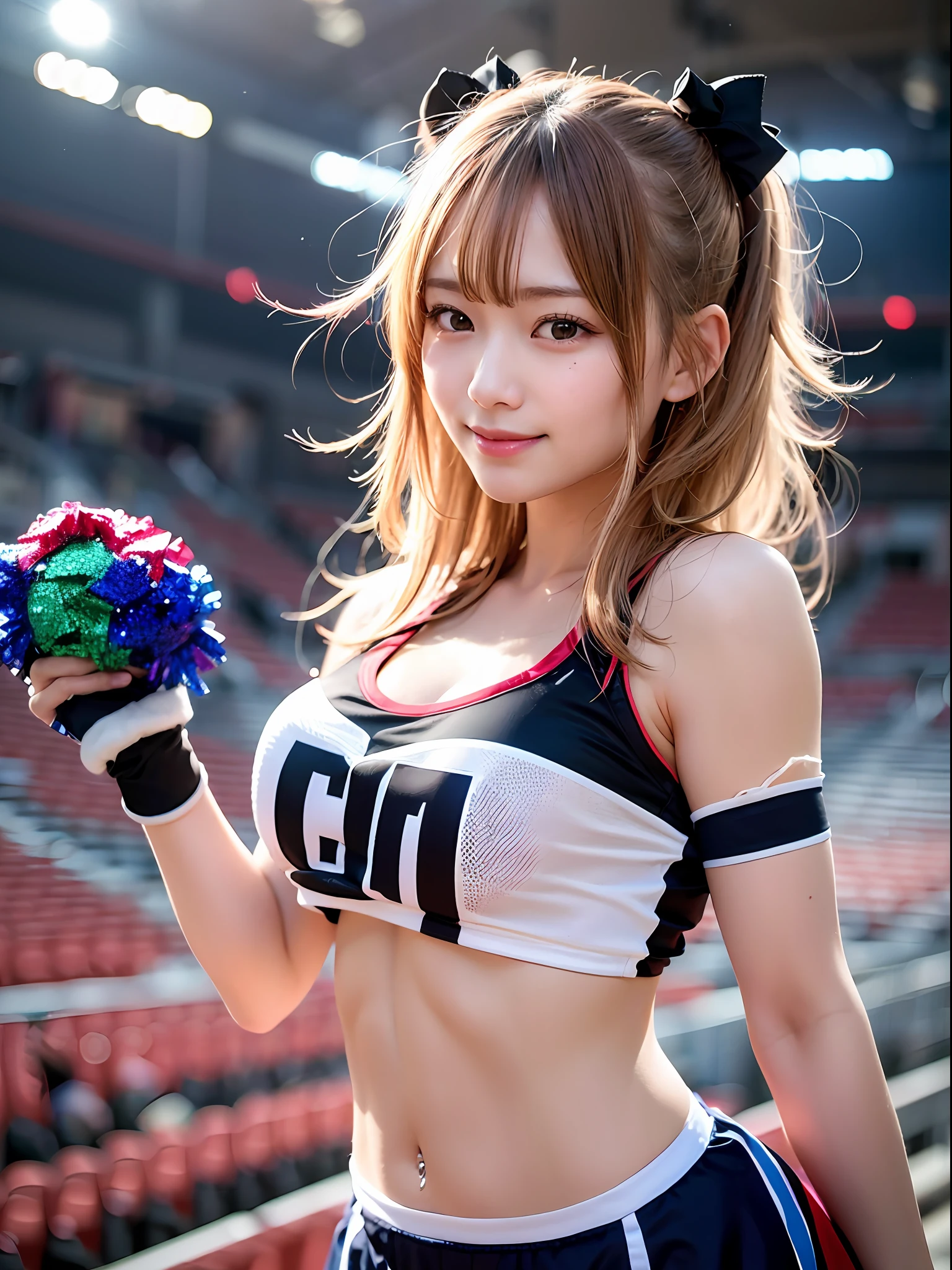 Ala Fed Asian cheerleader holding pom pom in stadium, closeup, closeup, cosplay photo, anime cosplay, small breasts, RAW photo, best quality, high resolution, (masterpiece), (photorealistic:1.4), professional photography, sharp focus, HDR, 8K resolution, intricate details, depth of field, highly detailed cg unity 8k wallpaper, Front Light, NSFW, Woman, Girl, Beautiful Supermodel, Smiling, Slender, (Sweating all over: 1.3),