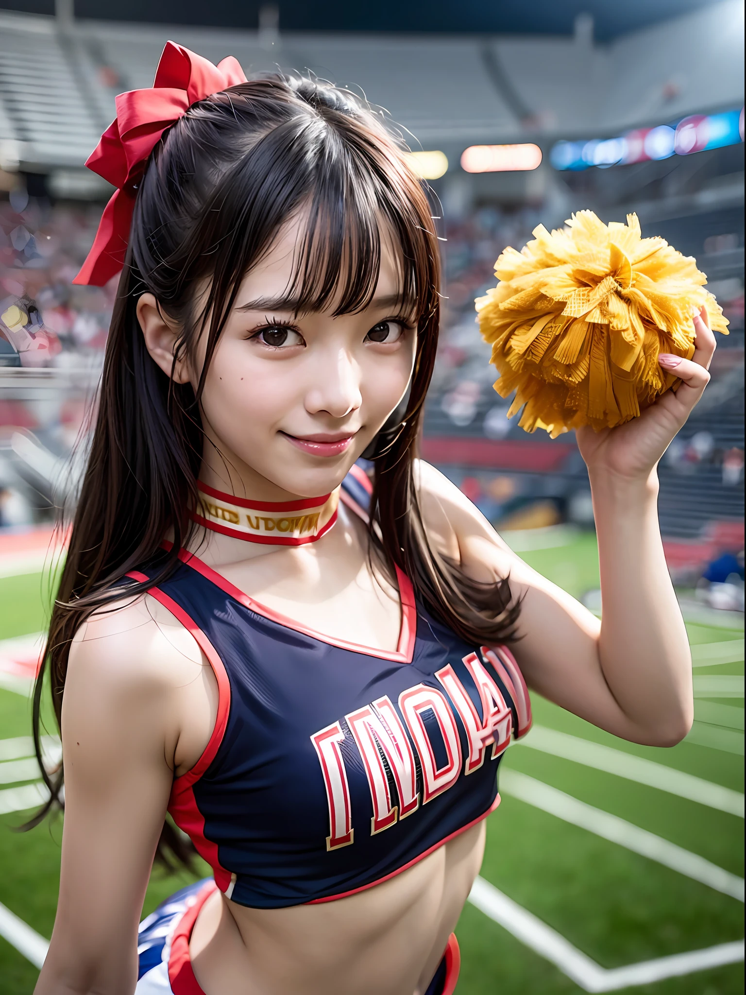 Ala Fed Asian cheerleader holding pom pom in stadium, closeup, closeup, cosplay photo, anime cosplay, small breasts, RAW photo, best quality, high resolution, (masterpiece), (photorealistic:1.4), professional photography, sharp focus, HDR, 8K resolution, intricate details, depth of field, highly detailed cg unity 8k wallpaper, Front Light, NSFW, Woman, Girl, Beautiful Supermodel, Smiling, Slender, (Sweating all over: 1.3),