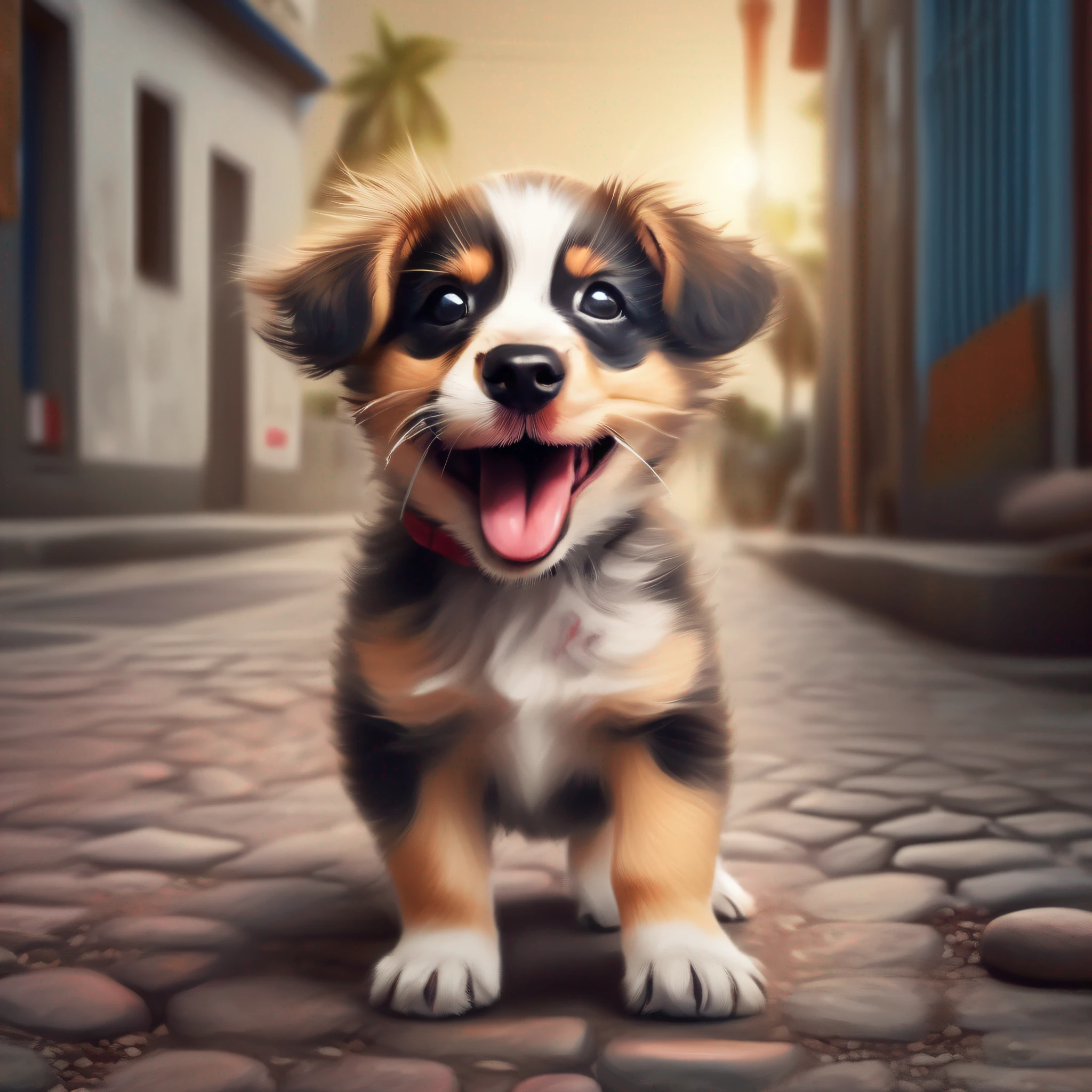 cheerful puppy with his tongue out, feliz, vira-lata, dog de rua, cachorrinho de rua, cachorrinho feliz, filhote, rua com latas de lixo, alta resolução, realismo, alto contraste, fotografia de rua, anime, meme